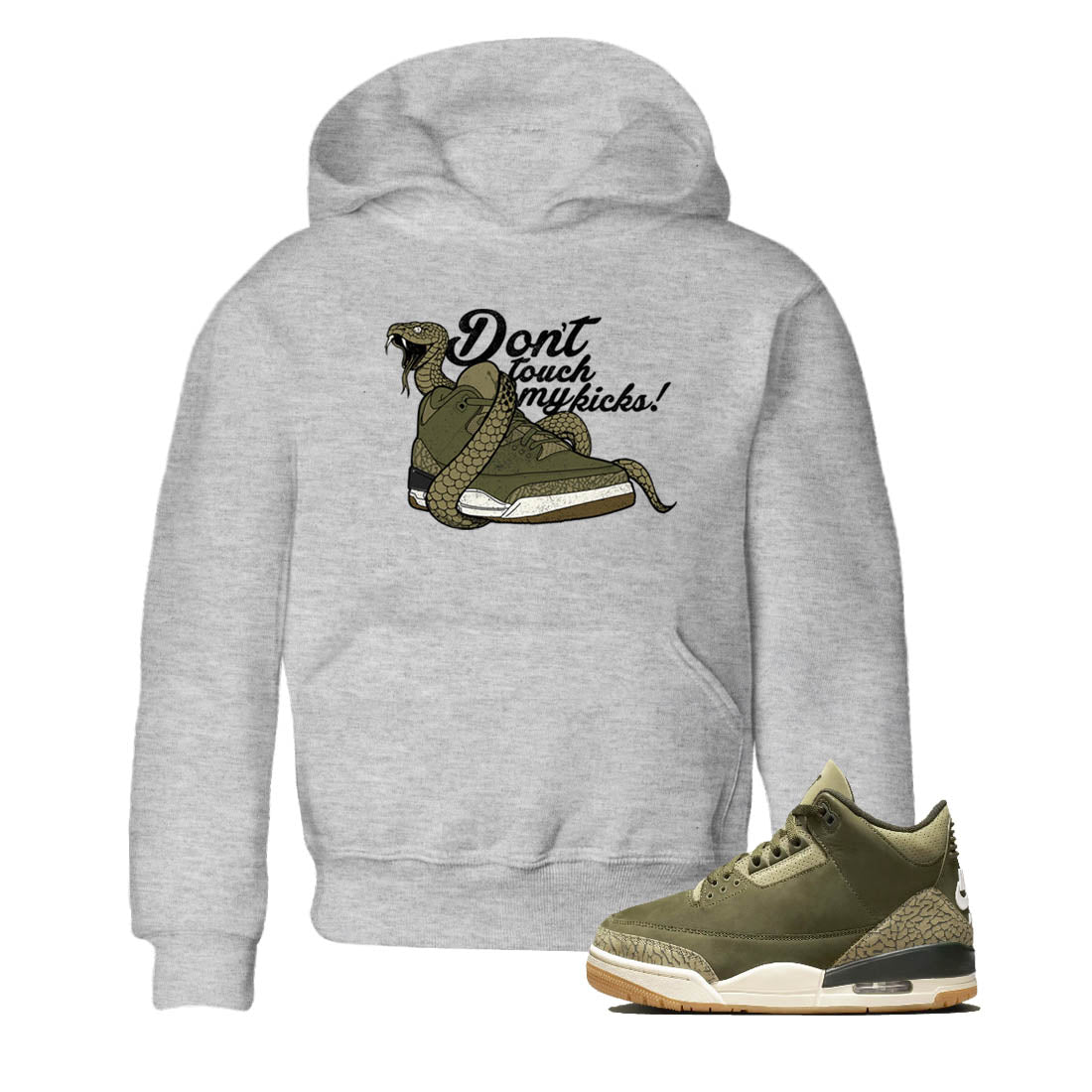 Sneaker Threads – Sneaker Tees To Match Air Jordan 3 Medium Olive – Don't Touch My Kicks Youth Graphic Tee Heather Grey 1. Perfect for Jordan releases 2025 colorways.