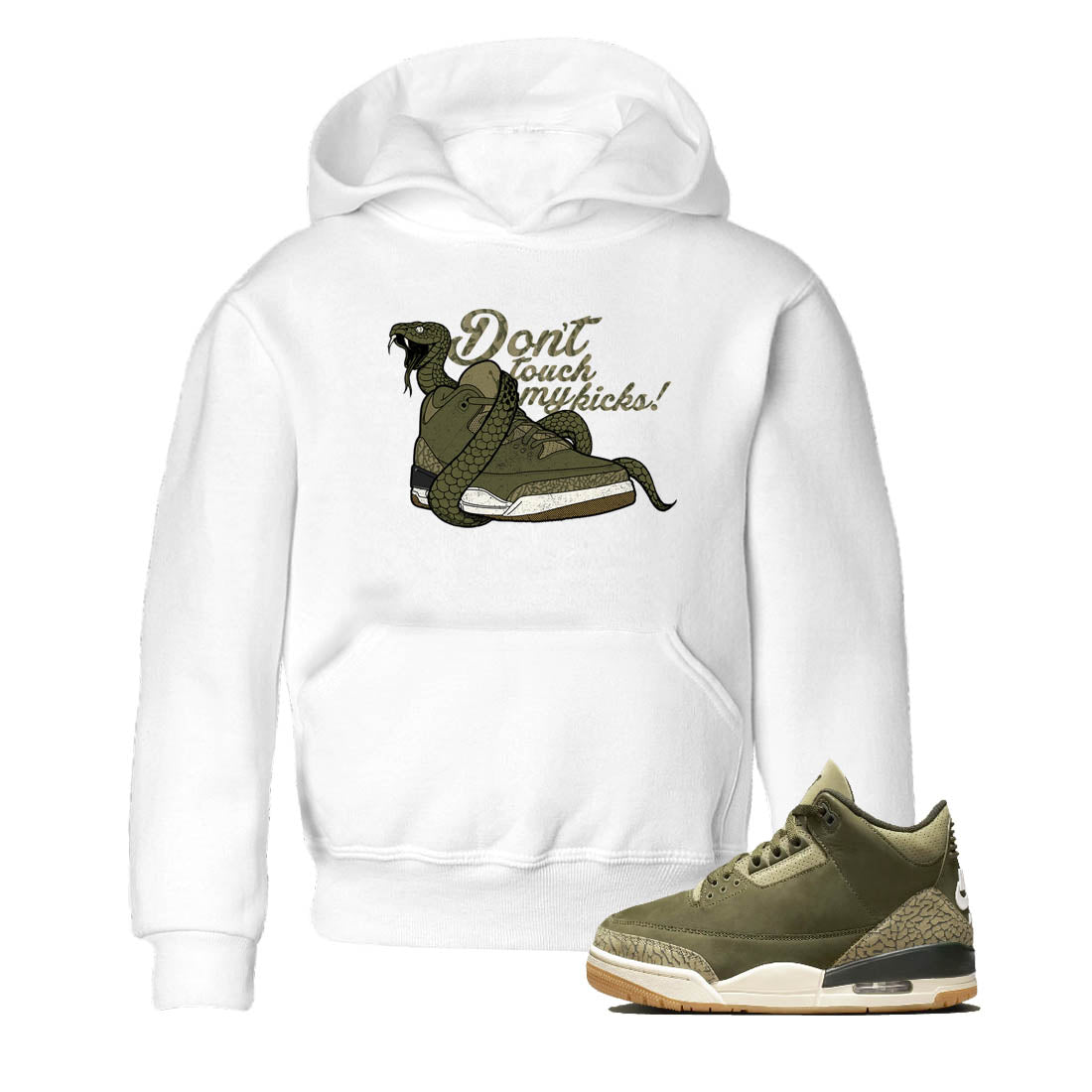 Sneaker Threads – Sneaker Tees To Match Air Jordan 3 Medium Olive – Don't Touch My Kicks Youth Graphic Tee White 1. Perfect for Jordan releases 2025 colorways.