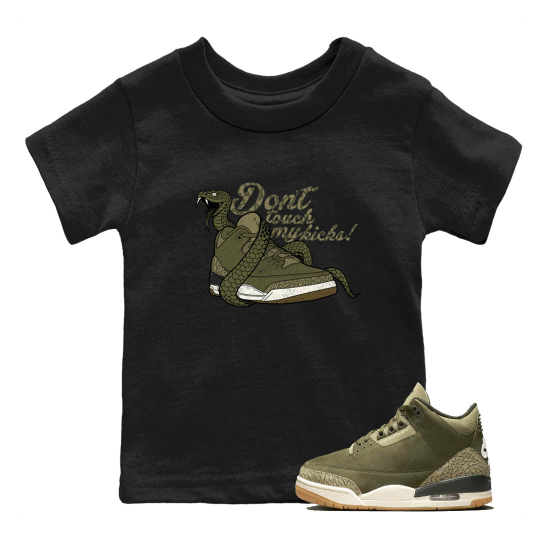 Sneaker Threads – Sneaker Tees To Match Air Jordan 3 Medium Olive – Don't Touch My Kicks Youth Graphic Tee Black 1. Perfect for Jordan releases 2025 colorways.