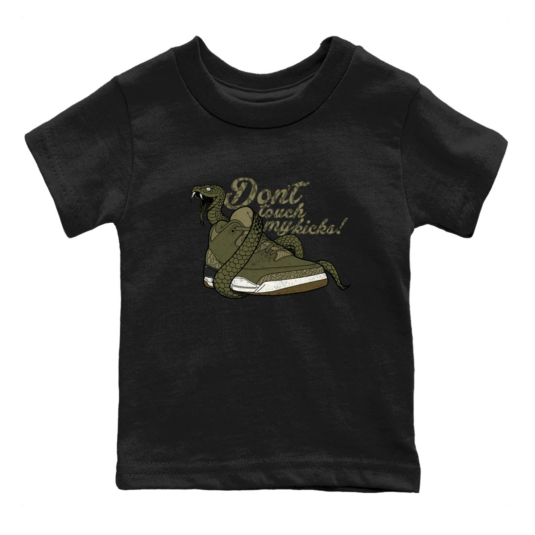 Sneaker Threads – Sneaker Tees To Match Air Jordan 3 Medium Olive – Don't Touch My Kicks Youth Graphic Tee Black 2. Perfect for Jordan releases 2025 colorways.
