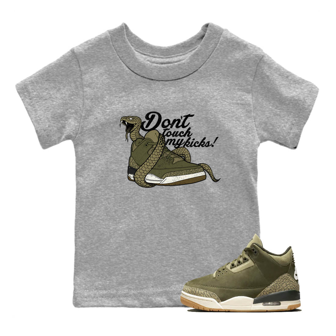 Sneaker Threads – Sneaker Tees To Match Air Jordan 3 Medium Olive – Don't Touch My Kicks Youth Graphic Tee Heather Grey 1. Perfect for Jordan releases 2025 colorways.