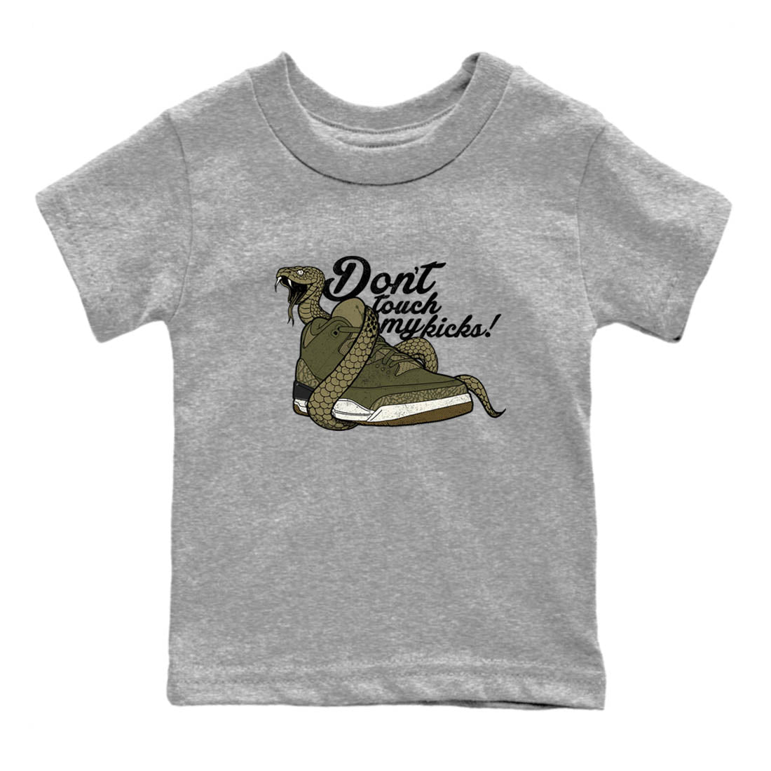 Sneaker Threads – Sneaker Tees To Match Air Jordan 3 Medium Olive – Don't Touch My Kicks Youth Graphic Tee Heather Grey 2. Perfect for Jordan releases 2025 colorways.
