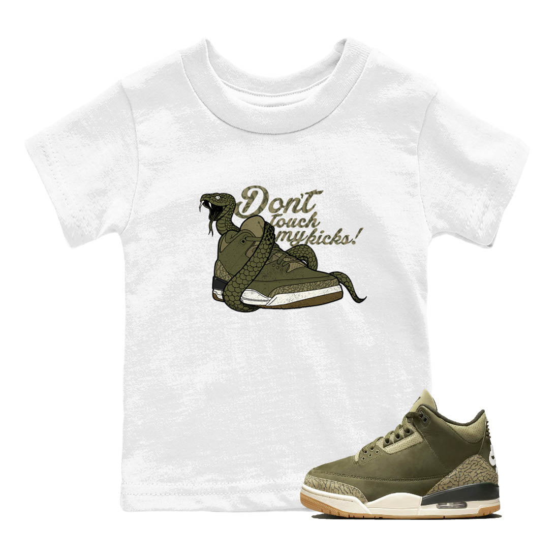 Sneaker Threads – Sneaker Tees To Match Air Jordan 3 Medium Olive – Don't Touch My Kicks Youth Graphic Tee White 1. Perfect for Jordan releases 2025 colorways.
