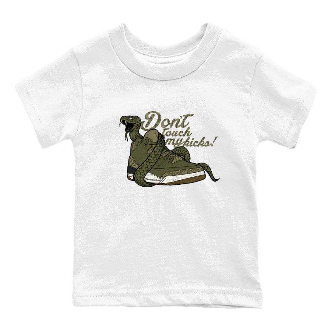 Sneaker Threads – Sneaker Tees To Match Air Jordan 3 Medium Olive – Don't Touch My Kicks Youth Graphic Tee White 2. Perfect for Jordan releases 2025 colorways.