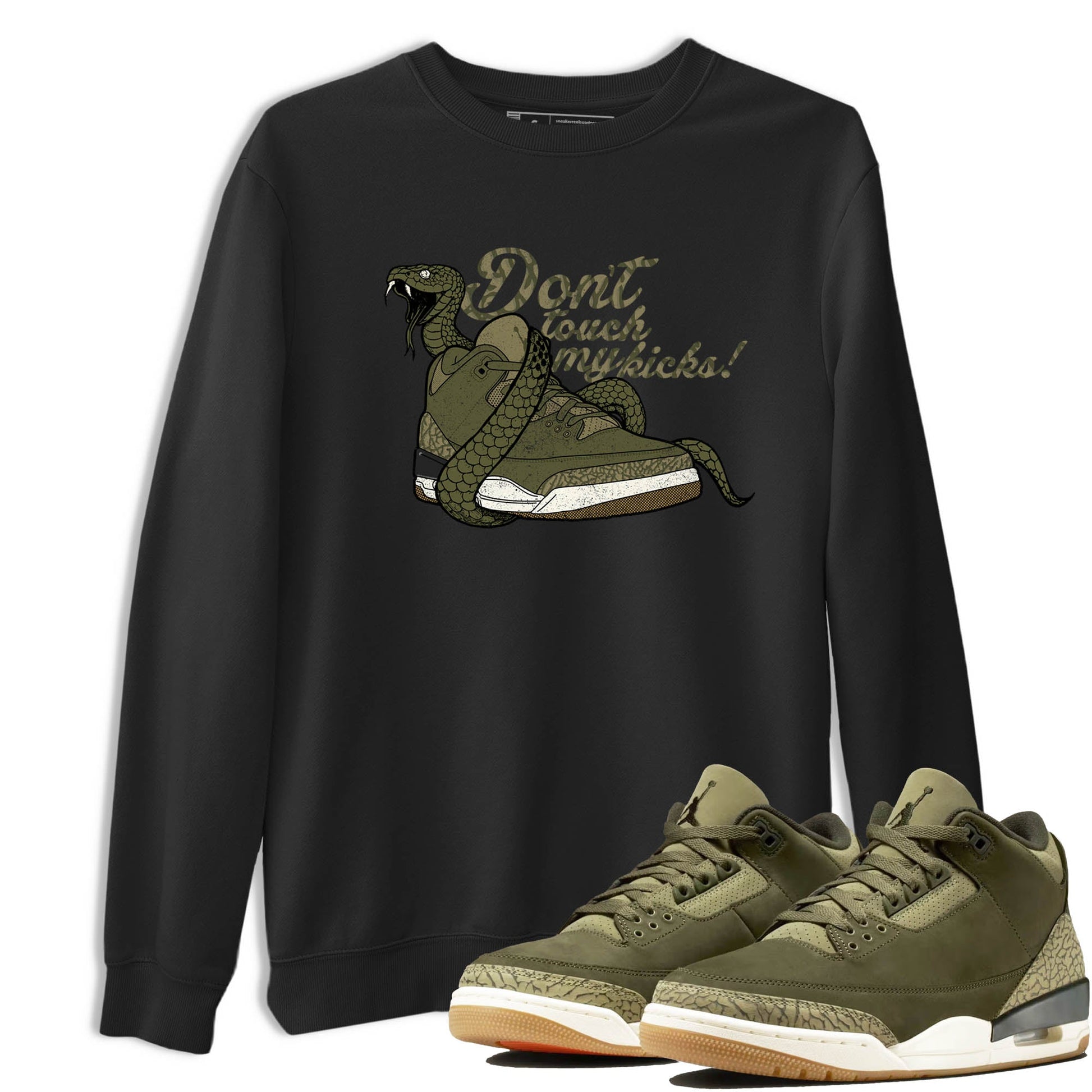Sneaker Threads – Sneaker Tees To Match Air Jordan 3 Medium Olive – Don't Touch My Kicks Graphic Tee Black 1. Perfect for Jordan releases 2025 colorways.