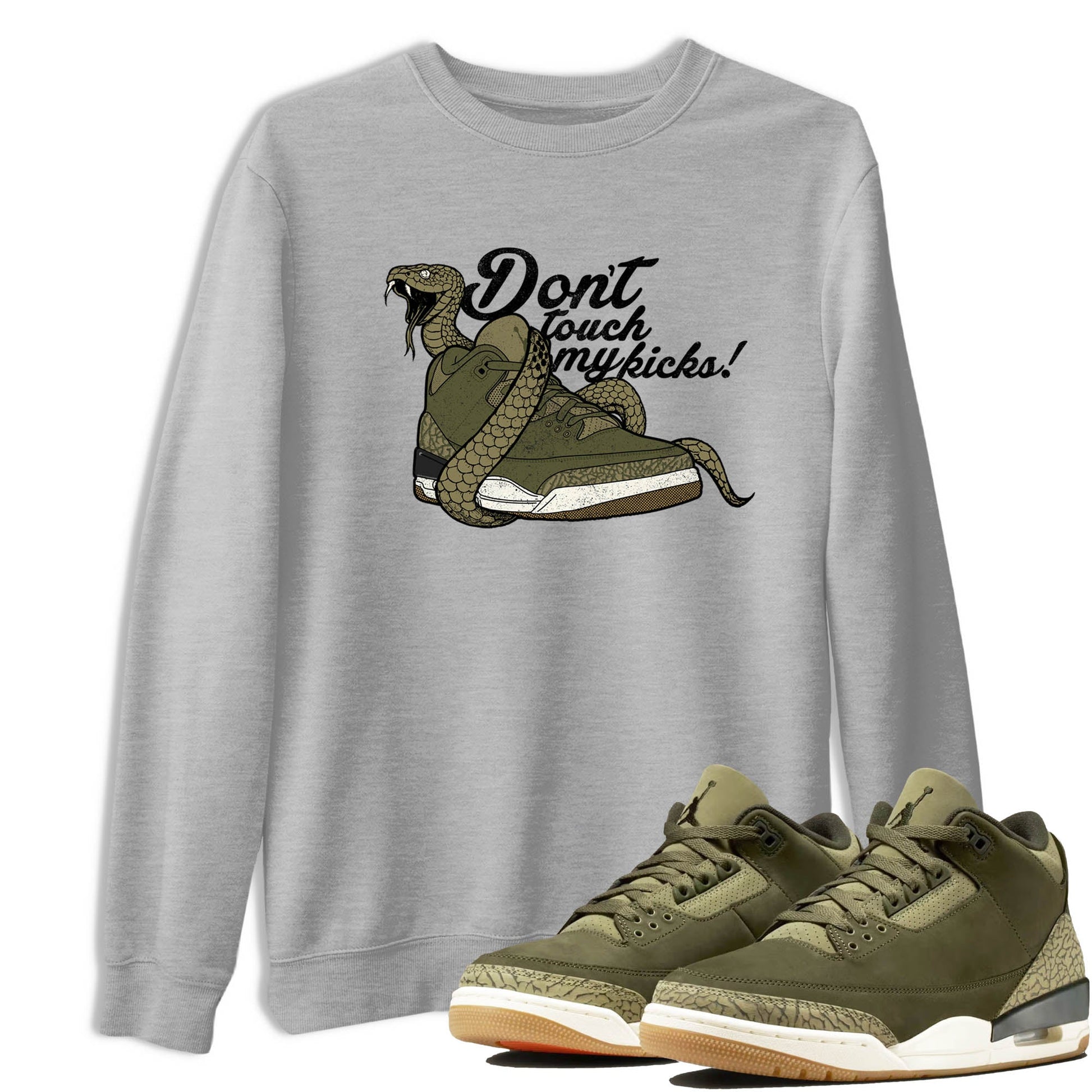 Sneaker Threads – Sneaker Tees To Match Air Jordan 3 Medium Olive – Don't Touch My Kicks Graphic Tee Heather Grey 1. Perfect for Jordan releases 2025 colorways.