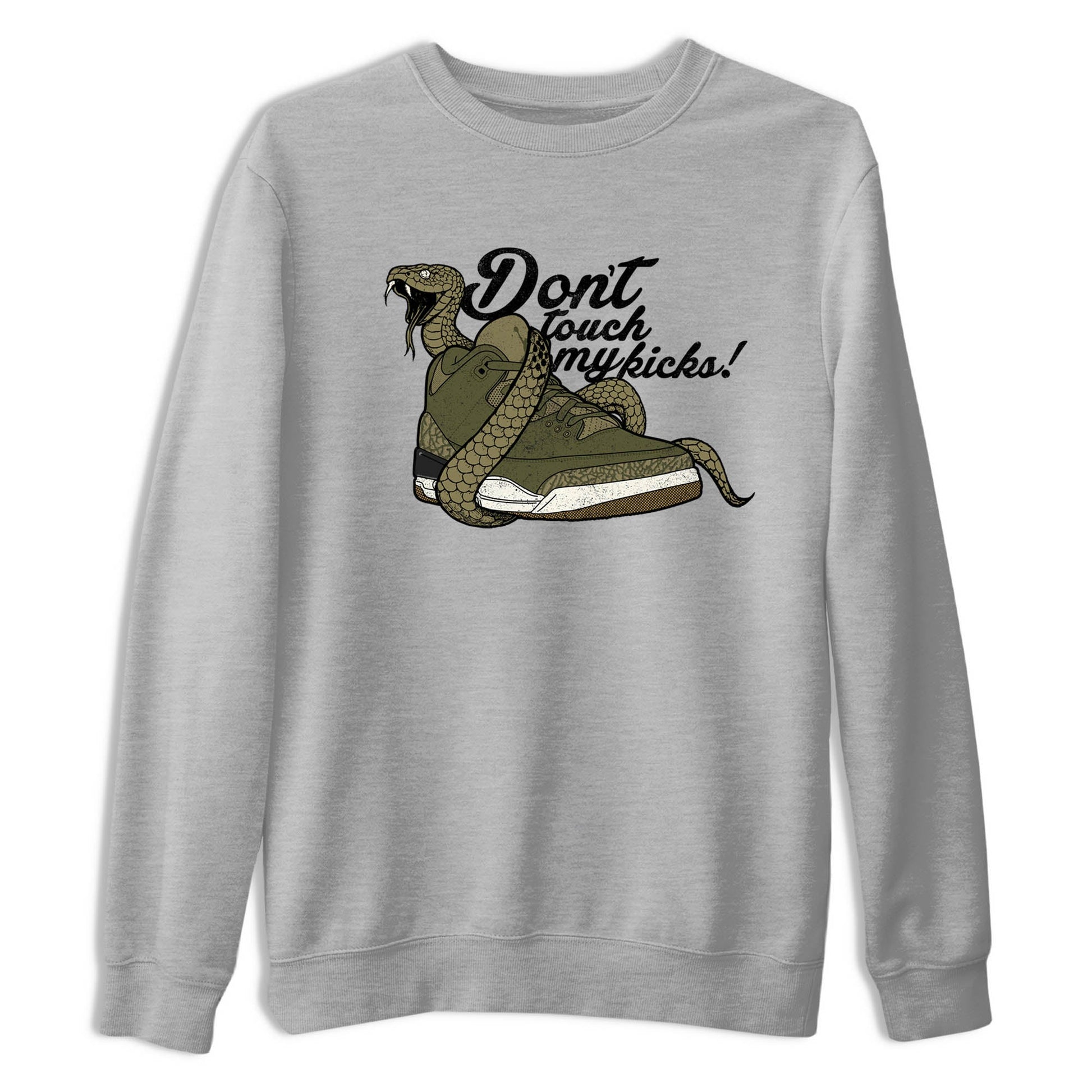 Sneaker Threads – Sneaker Tees To Match Air Jordan 3 Medium Olive – Don't Touch My Kicks Graphic Tee Heather Grey 2. Perfect for Jordan releases 2025 colorways.