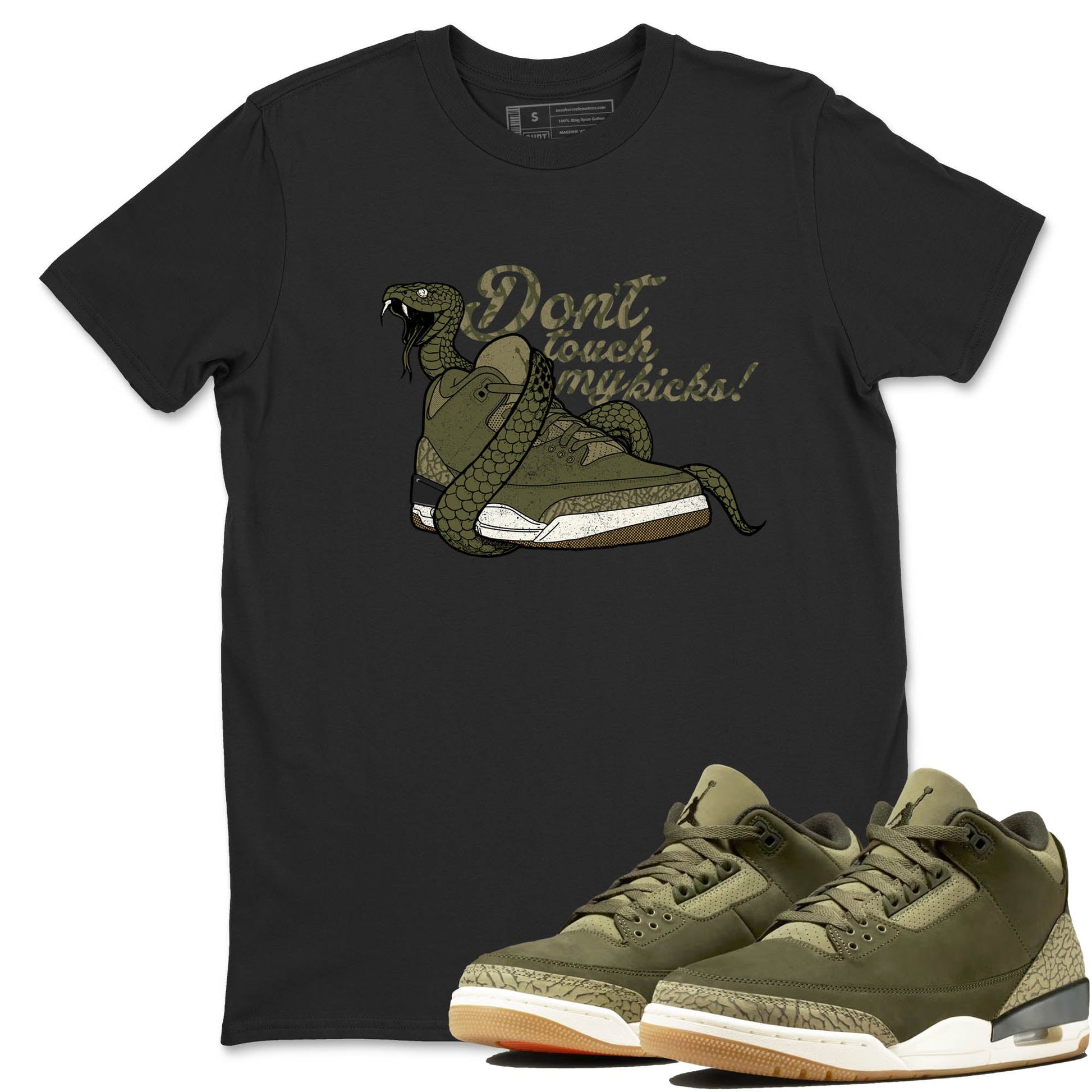 Sneaker Threads – Sneaker Tees To Match Air Jordan 3 Medium Olive – Don't Touch My Kicks Graphic Tee Black 1. Perfect for Jordan releases 2025 colorways.