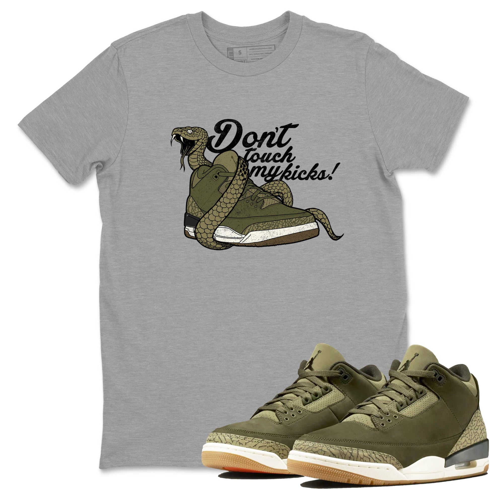Sneaker Threads – Sneaker Tees To Match Air Jordan 3 Medium Olive – Don't Touch My Kicks Graphic Tee Heather Grey 1. Perfect for Jordan releases 2025 colorways.