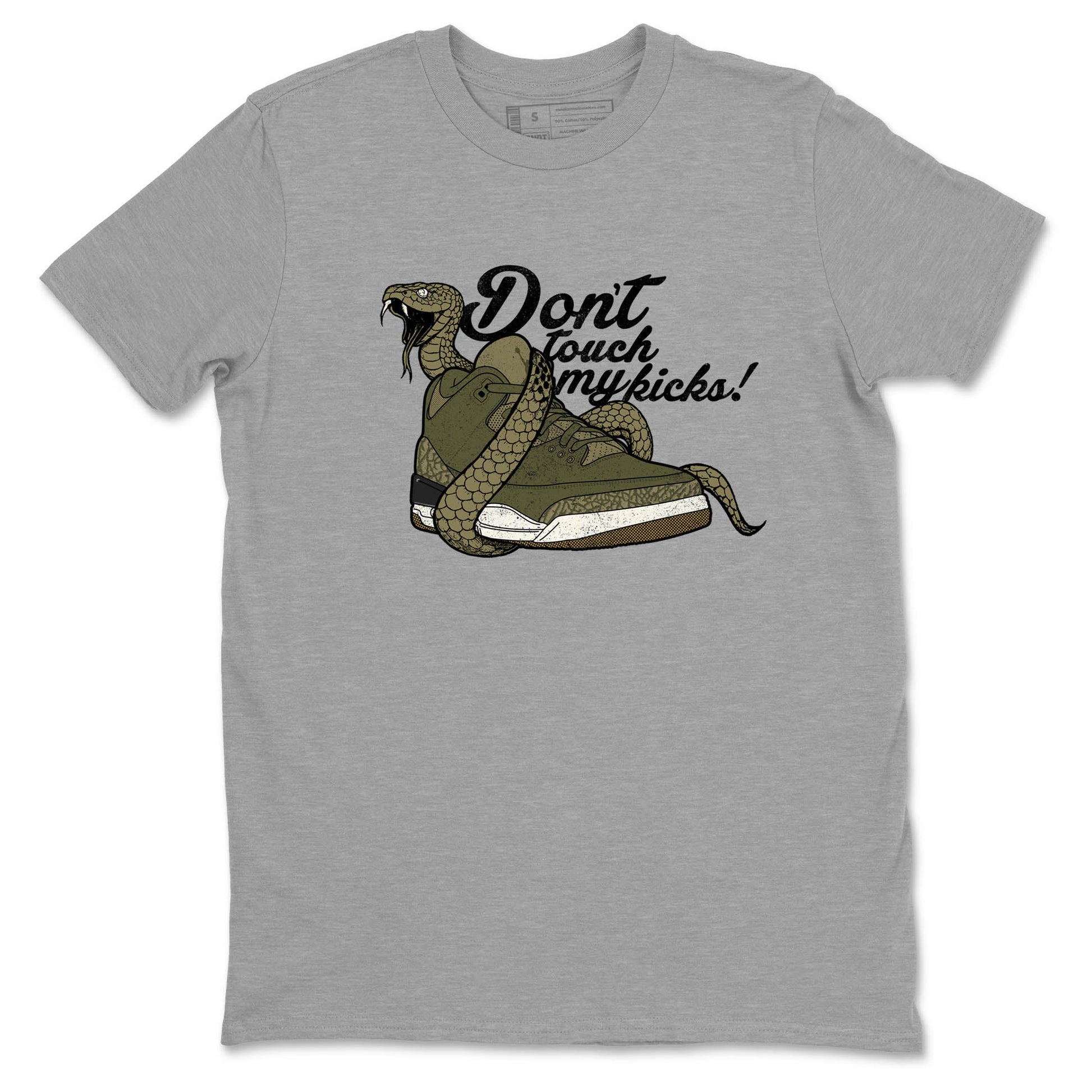 Sneaker Threads – Sneaker Tees To Match Air Jordan 3 Medium Olive – Don't Touch My Kicks Graphic Tee Heather Grey 2. Perfect for Jordan releases 2025 colorways.