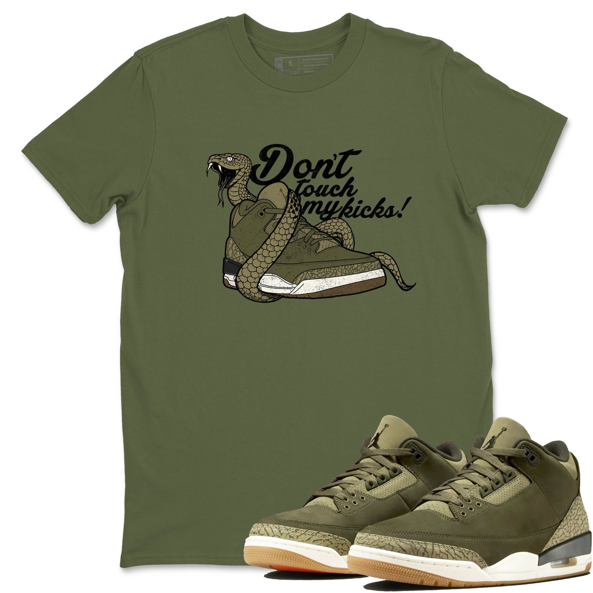 Sneaker Threads – Sneaker Tees To Match Air Jordan 3 Medium Olive – Don't Touch My Kicks Graphic Tee Military Green 1. Perfect for Jordan releases 2025 colorways.