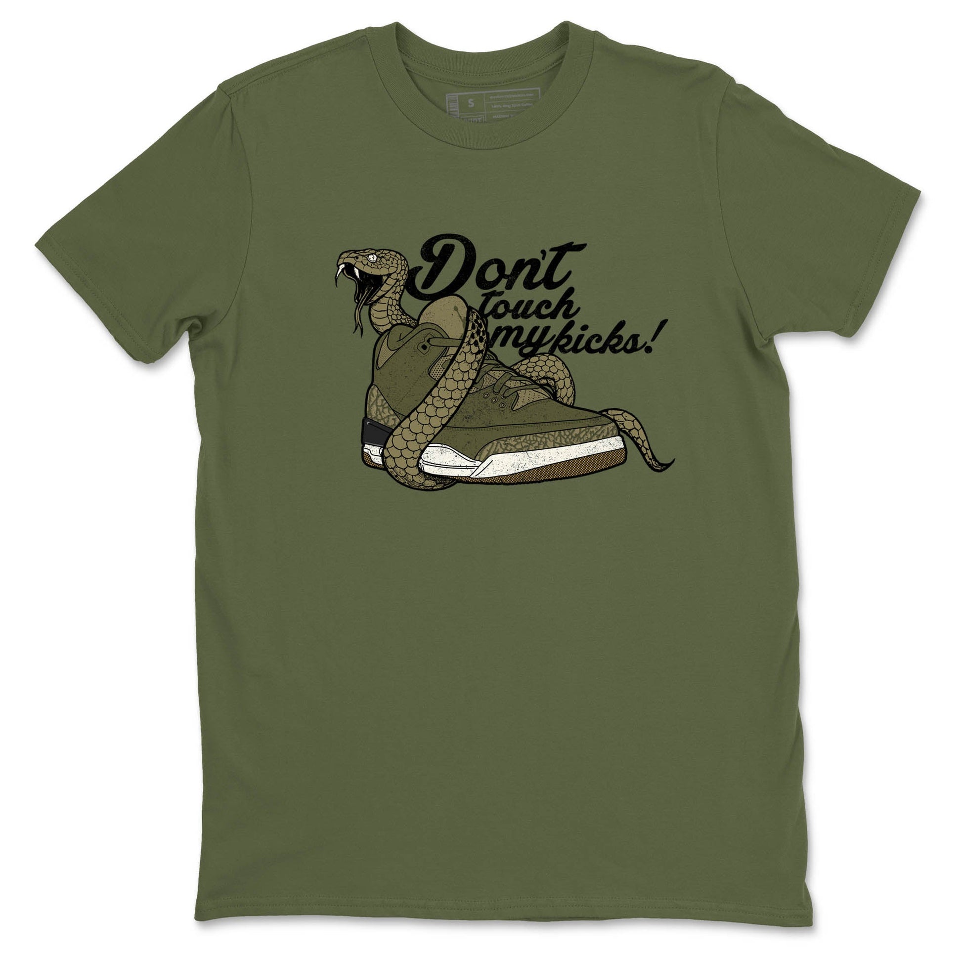 Sneaker Threads – Sneaker Tees To Match Air Jordan 3 Medium Olive – Don't Touch My Kicks Graphic Tee Military Green 2. Perfect for Jordan releases 2025 colorways.