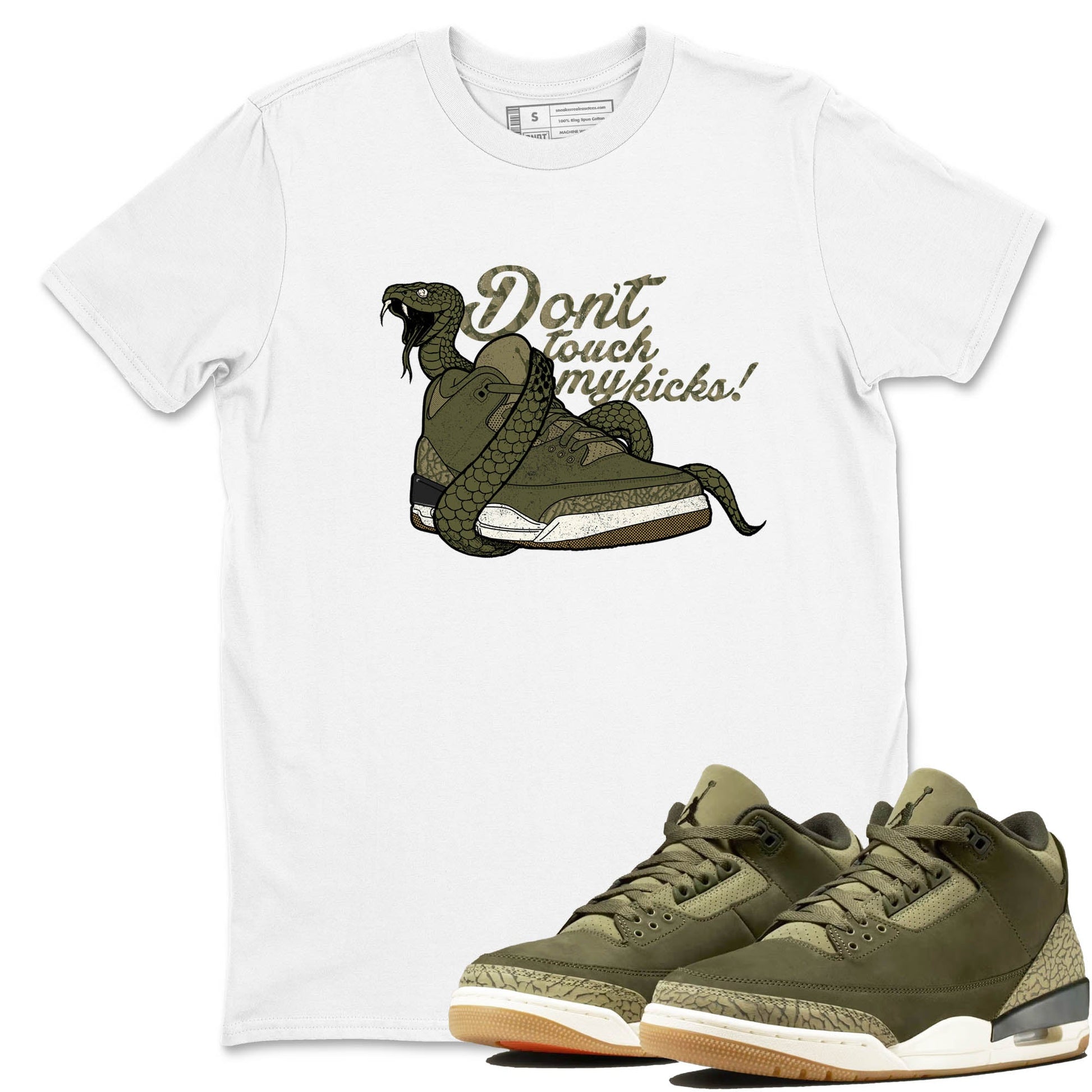 Sneaker Threads – Sneaker Tees To Match Air Jordan 3 Medium Olive – Don't Touch My Kicks Graphic Tee White 1. Perfect for Jordan releases 2025 colorways.