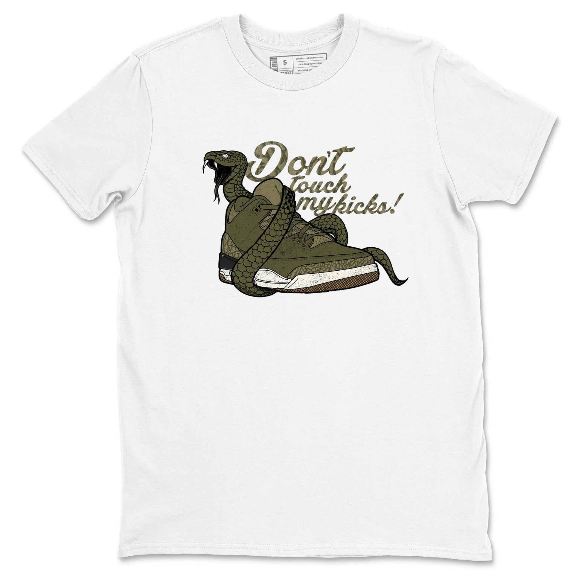 Sneaker Threads – Sneaker Tees To Match Air Jordan 3 Medium Olive – Don't Touch My Kicks Graphic Tee White 2. Perfect for Jordan releases 2025 colorways.