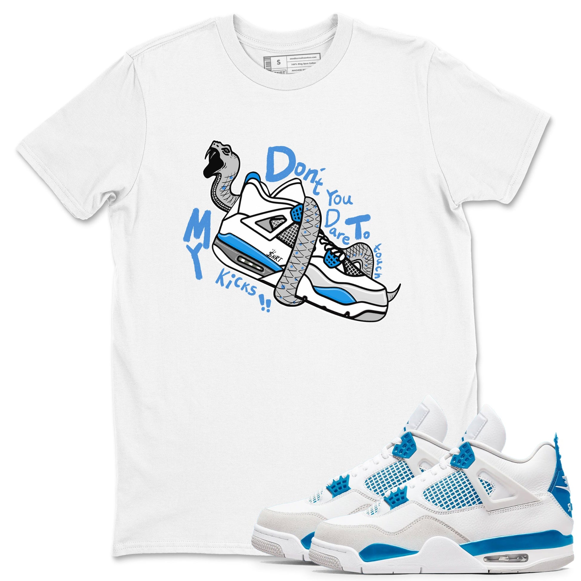 Air Jordan 4 Retro Military Blue shirt to match jordans Don't Touch My Kicks sneaker tees AJ4 Military Blue SNRT Sneaker Release Tees unisex cotton White 1 crew neck shirt