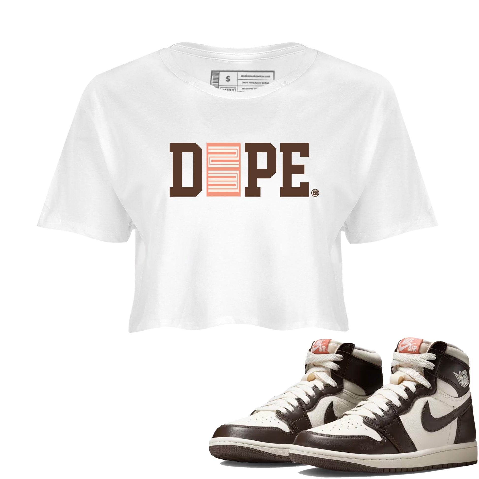 Sneaker match tees – Sneaker Tees To Match Air Jordan 1 Baroque Brown Shoes – Dope 23 Crop T-Shirt White 1