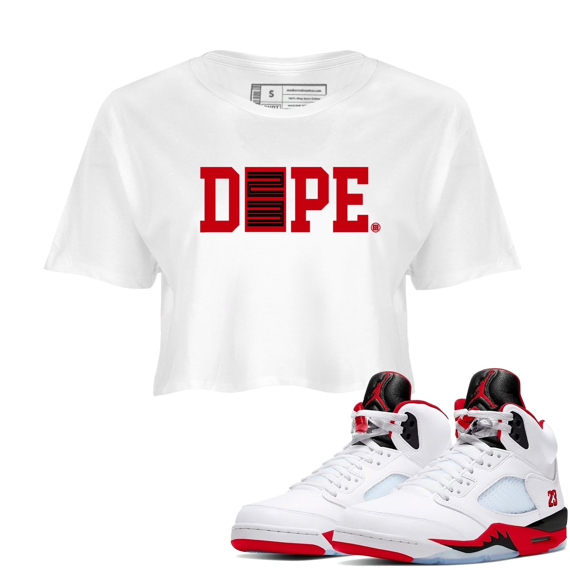Sneaker match tees – Sneaker Tees To Match Air Jordan 5 Fire Red Shoes – Dope 23 Crop T-Shirt White 1