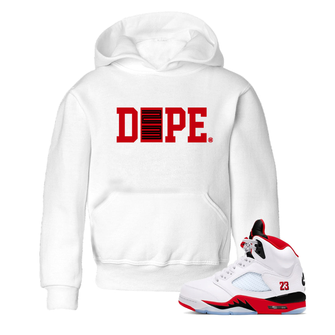 Sneaker match tees – Sneaker Tees To Match Air Jordan 5 Fire Red Shoes – Dope 23 Kids T-Shirt White 1