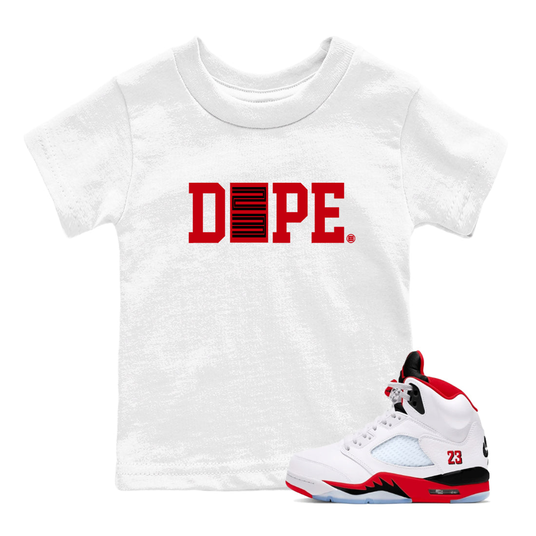 Sneaker match tees – Sneaker Tees To Match Air Jordan 5 Fire Red Shoes – Dope 23 Kids T-Shirt White 1