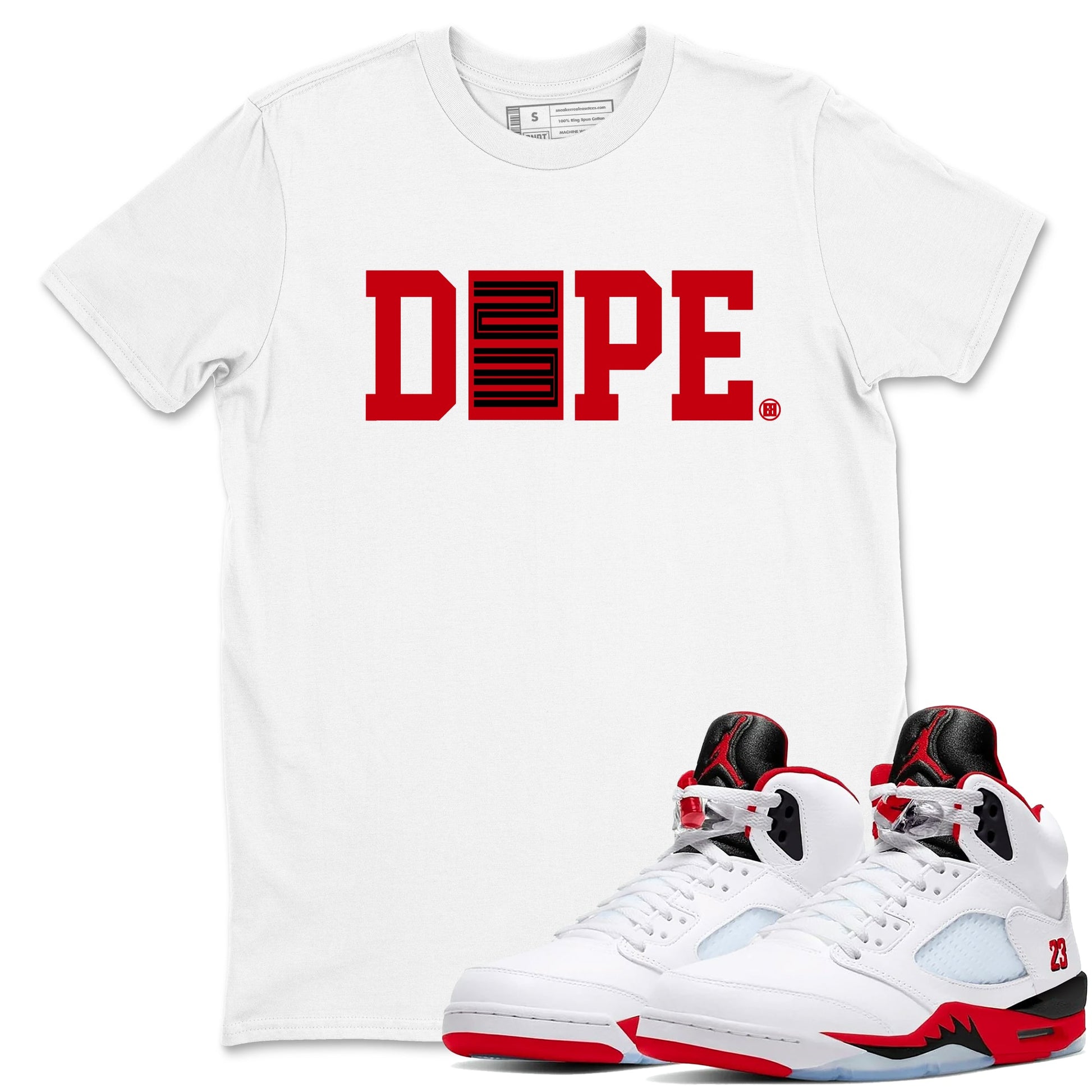 Sneaker match tees – Sneaker Tees To Match Air Jordan 5 Fire Red Shoes – Dope 23 Tee White 1