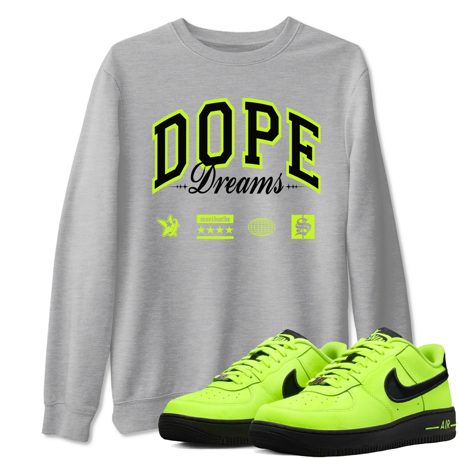 AF1 Volt shirts to match jordans Dope Dreams sneaker match tees Air Force 1 Volt match shoes to clothes SNRT Sneaker Tees unisex cotton Heather Grey 1 shirts