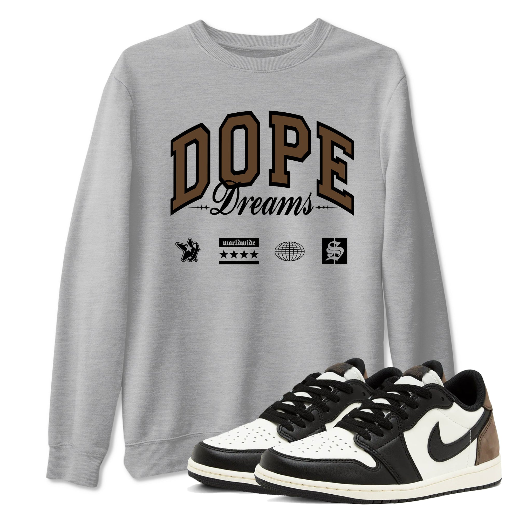 1s Mocha shirts to match jordans Dope Dreams sneaker match tees Air Jordan 1 Mocha match shoes to clothes SNRT Sneaker Tees unisex cotton Heather Grey 1 shirts