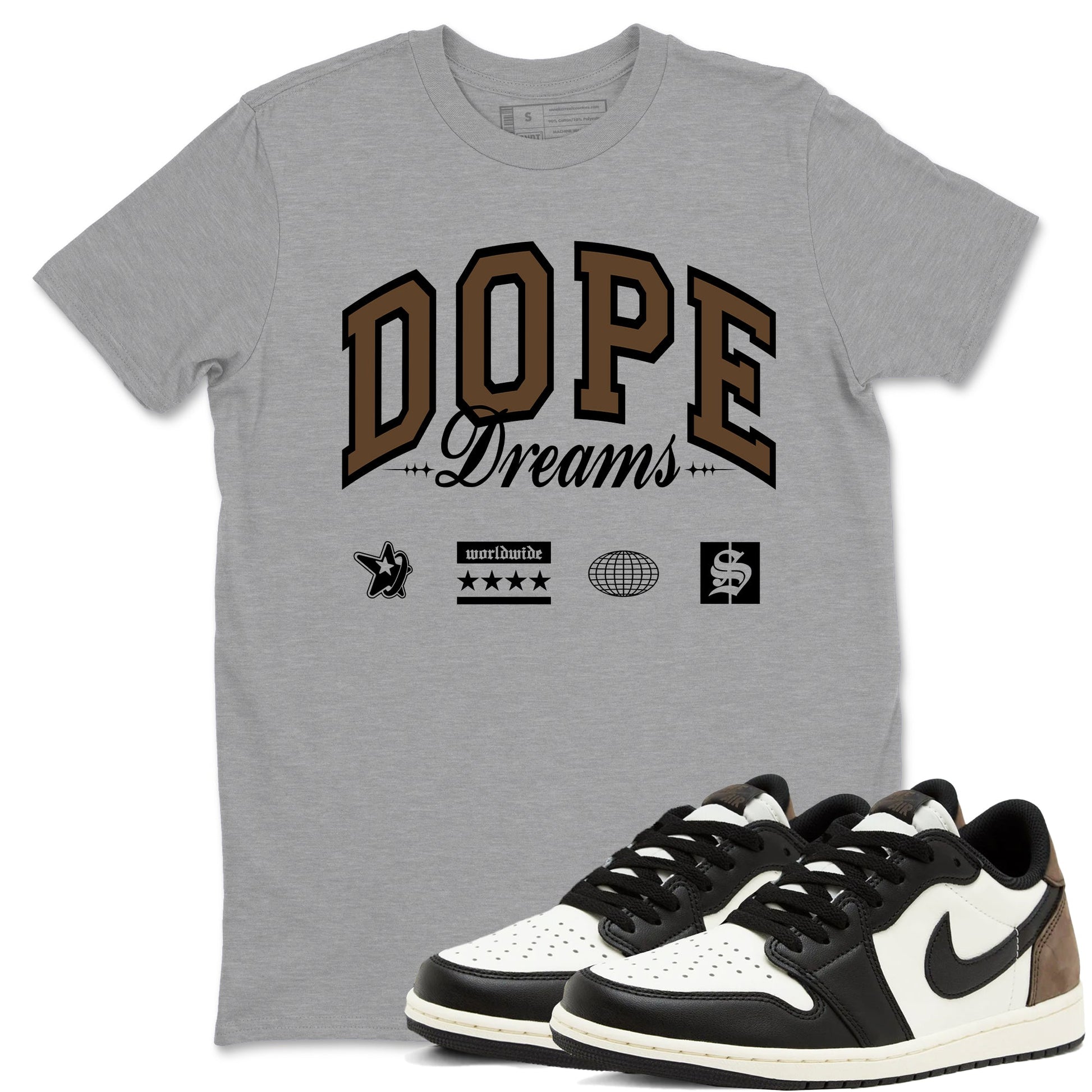 1s Mocha shirts to match jordans Dope Dreams sneaker match tees Air Jordan 1 Mocha match shoes to clothes SNRT Sneaker Tees unisex cotton Heather Grey 1 shirts