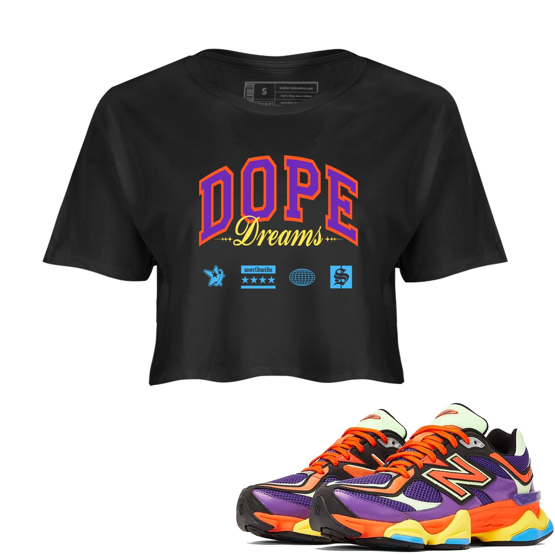 Sneaker Threads – Sneaker Tees To Match New Balance 9060 Prism Purple – Dope Dreams Crop Tee Black 1. Perfect for Jordan releases 2025 colorways.