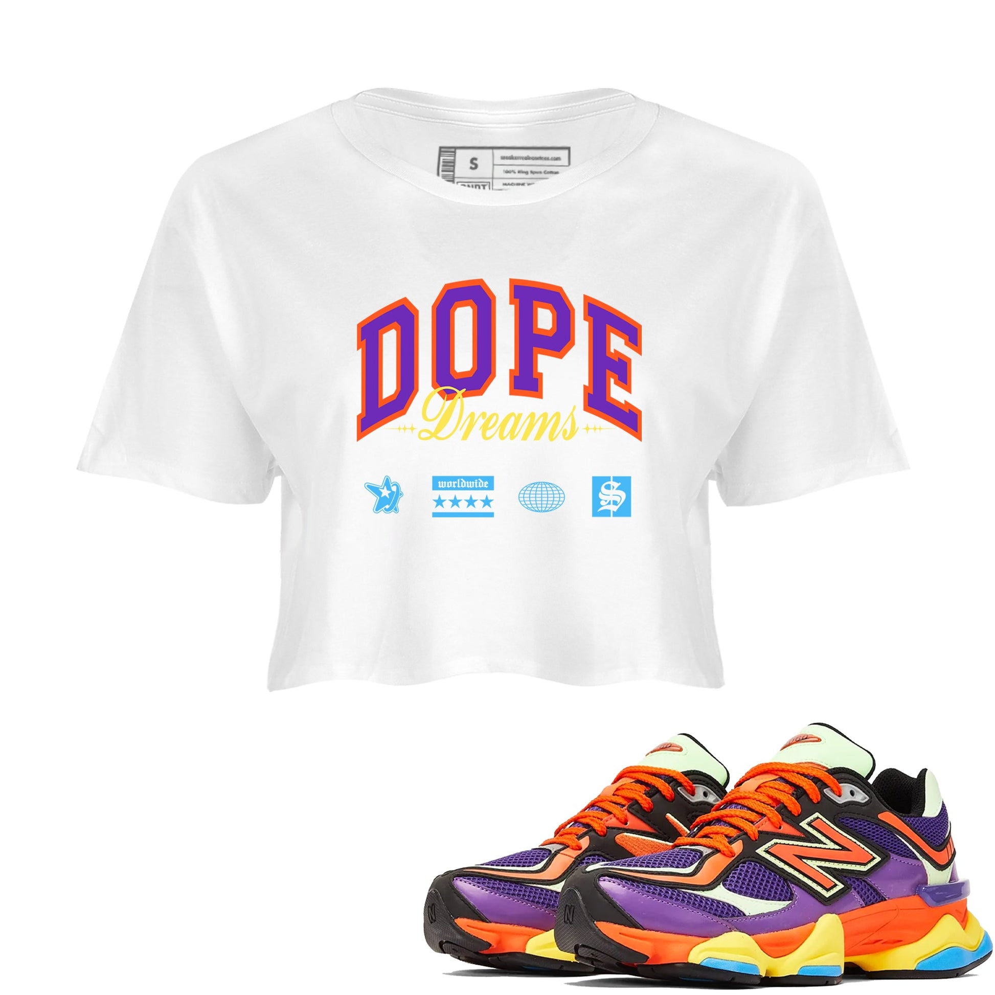 Sneaker Threads – Sneaker Tees To Match New Balance 9060 Prism Purple – Dope Dreams Crop Tee White 1. Perfect for Jordan releases 2025 colorways.