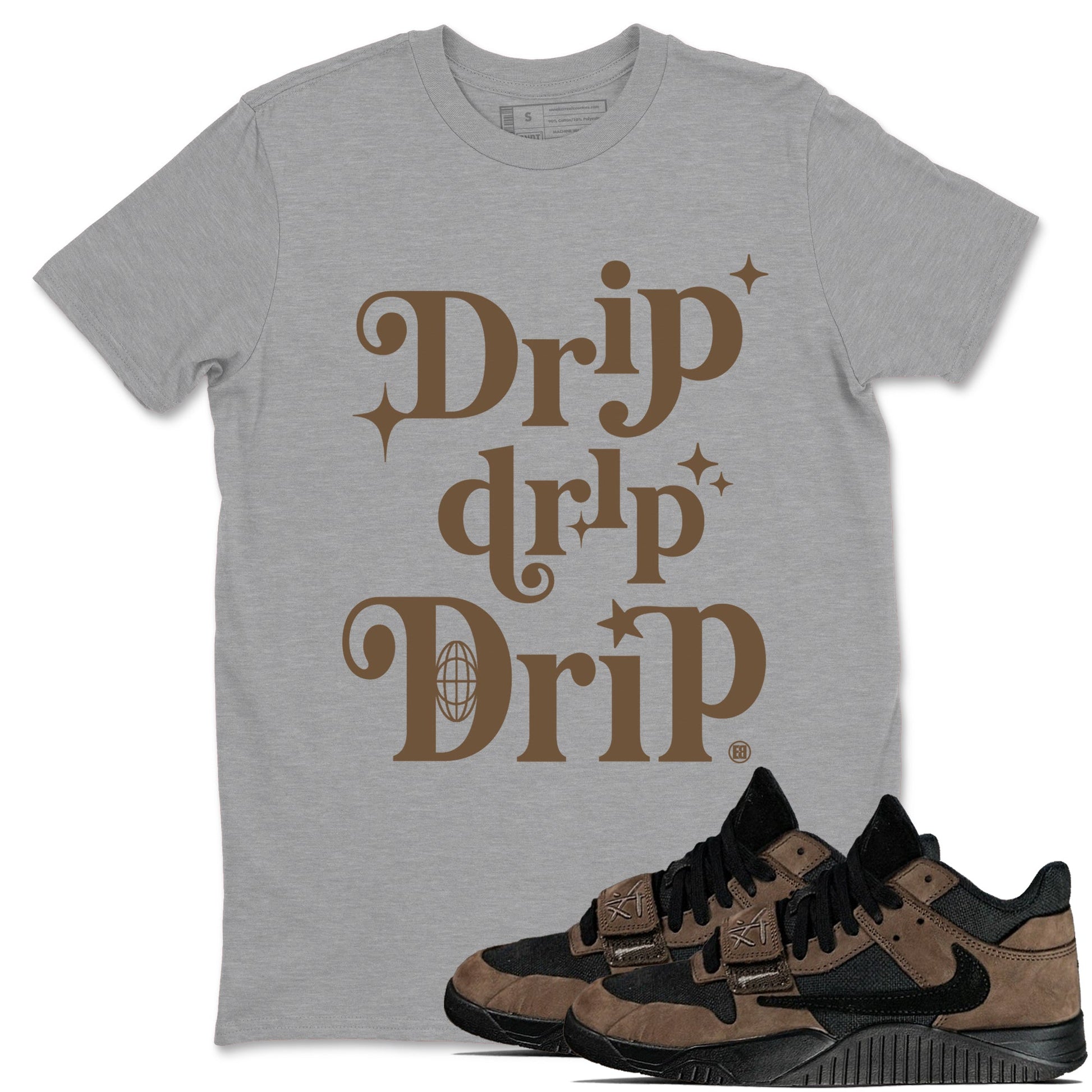 Jordan Jumpman Jack Travis Scott Dark Mocha shirts to match jordans Drip Drip Drip sneaker match tees Jordan Jumpman Jack Travis Scott Dark Mocha match shoes to clothes SNRT Sneaker Tees unisex cotton Heather Grey 1 shirts