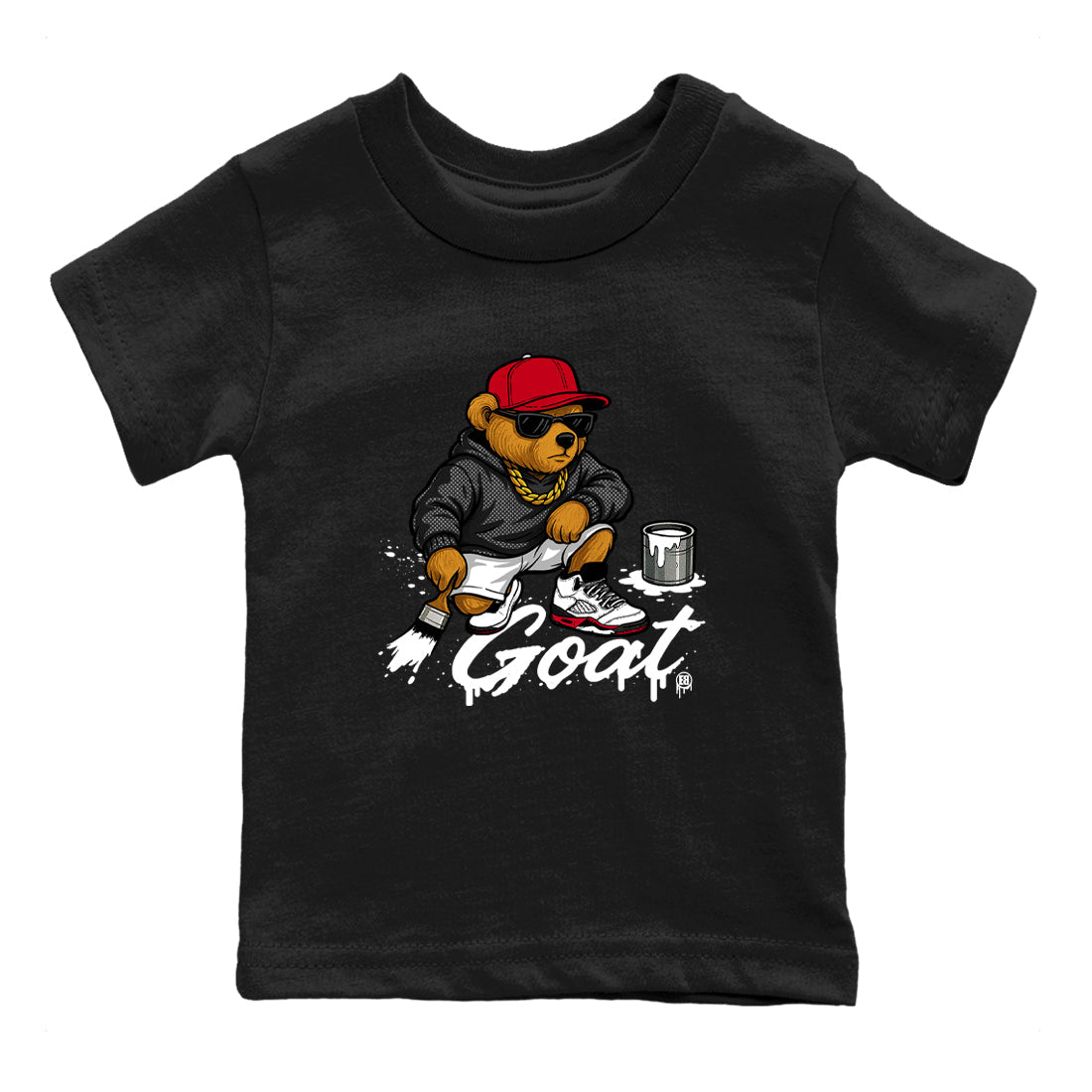 Drip The GOAT baby and kids t-shirt crafted for little sneakerheads to shine with the Jordan 5 Retro Fire Red sneakers, displayed in Black 2.