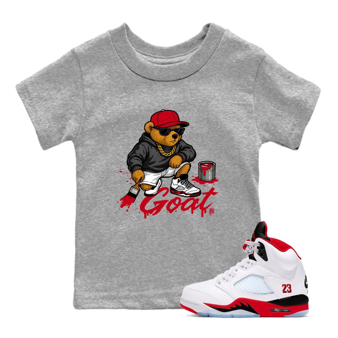 Drip The GOAT baby and kids t-shirt crafted for little sneakerheads to shine with the Jordan 5 Retro Fire Red sneakers, displayed in Heather Grey 1.