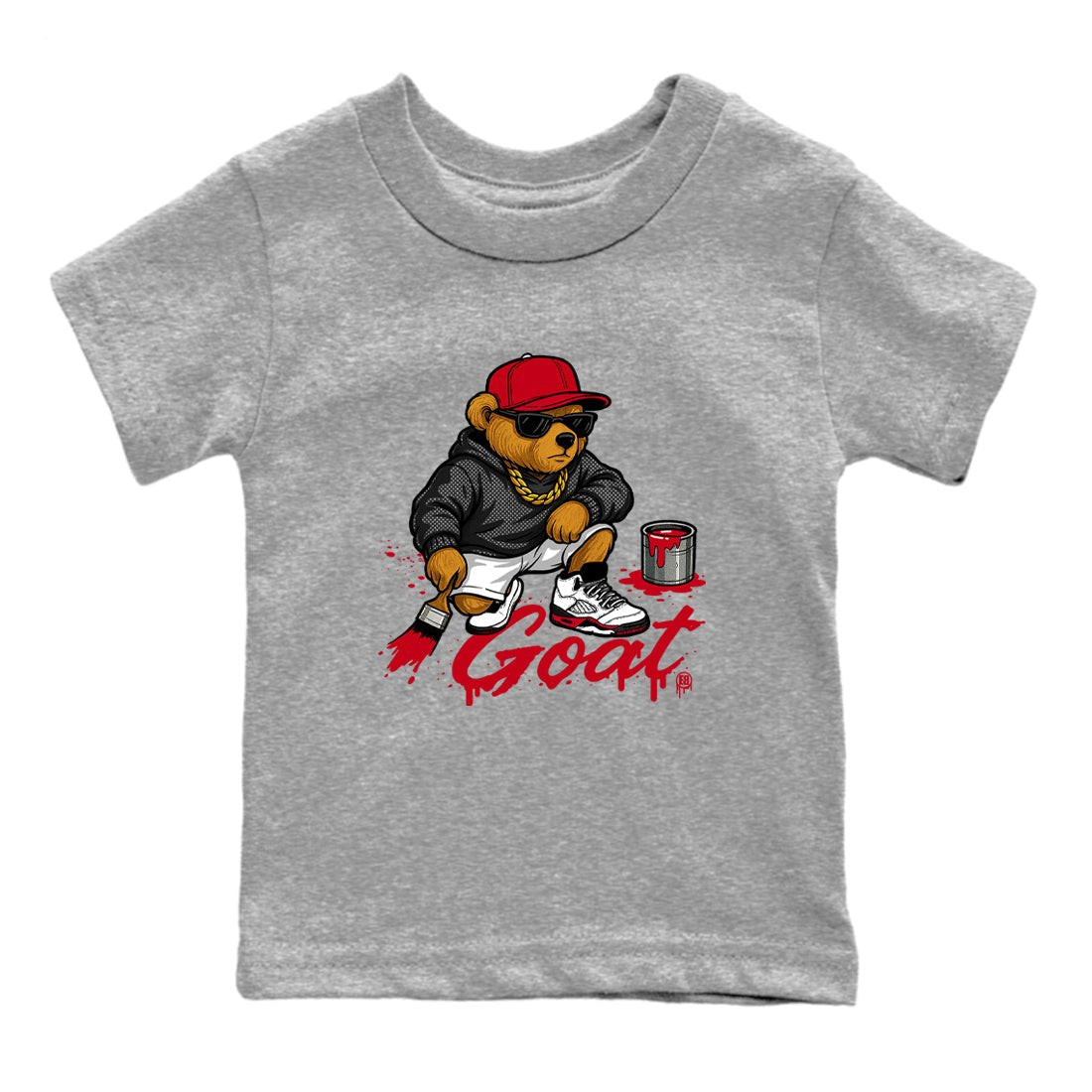 Drip The GOAT baby and kids t-shirt crafted for little sneakerheads to shine with the Jordan 5 Retro Fire Red sneakers, displayed in Heather Grey 2.
