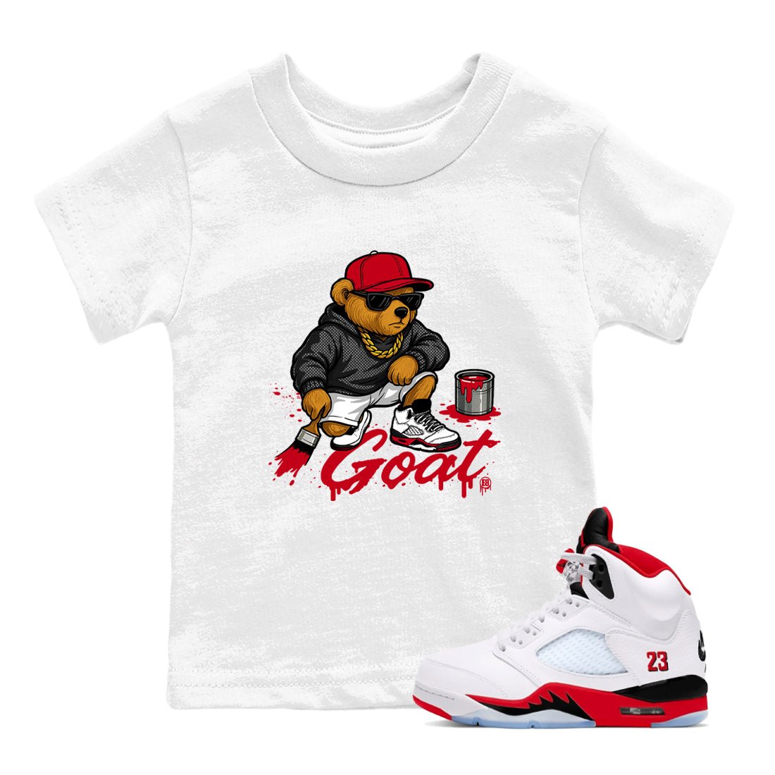 Drip The GOAT baby and kids t-shirt crafted for little sneakerheads to shine with the Jordan 5 Retro Fire Red sneakers, displayed in White 1.