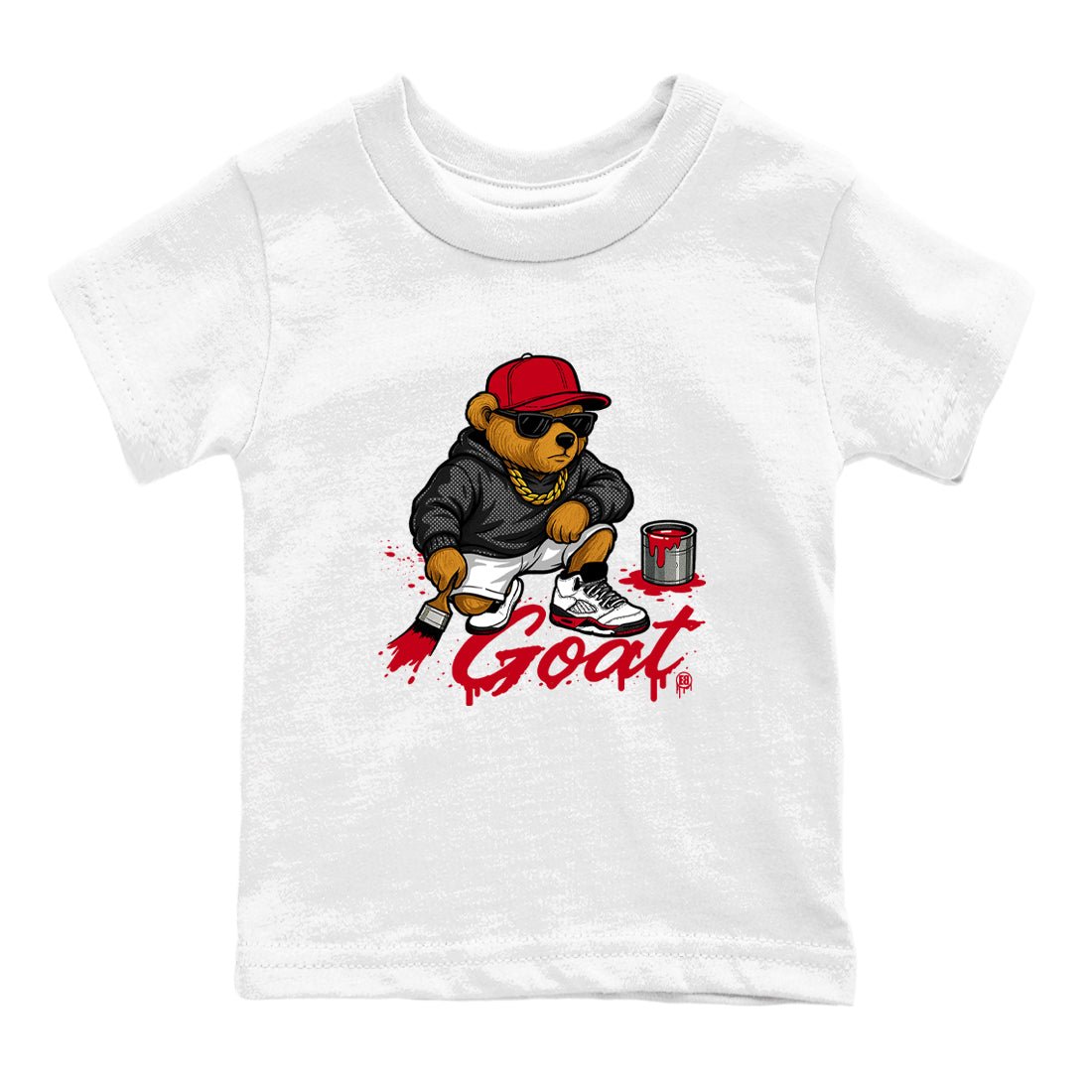 Drip The GOAT baby and kids t-shirt crafted for little sneakerheads to shine with the Jordan 5 Retro Fire Red sneakers, displayed in White 2.
