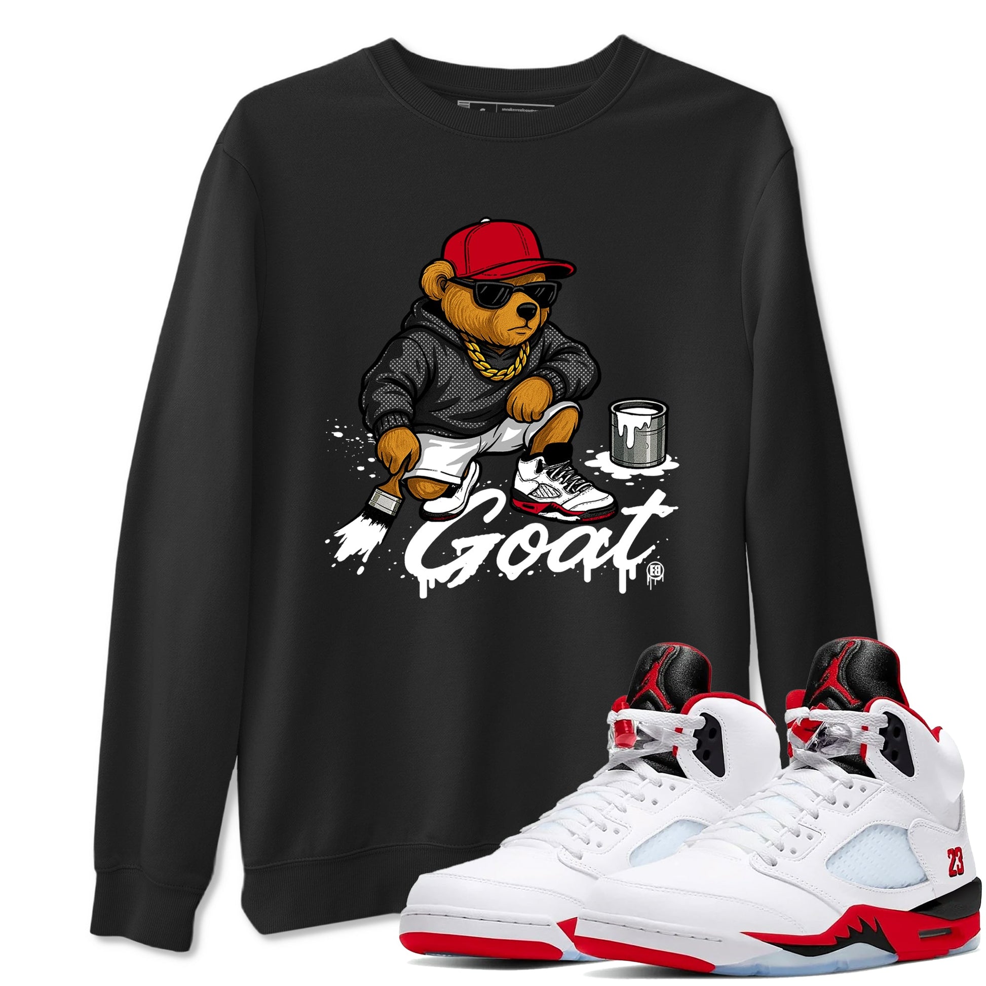 Drip The GOAT sneaker match t-shirt t-shirts to match jordans, dunks, yeezys Jordan 5 Retro Fire Red sneakers, shown in Black 1.
