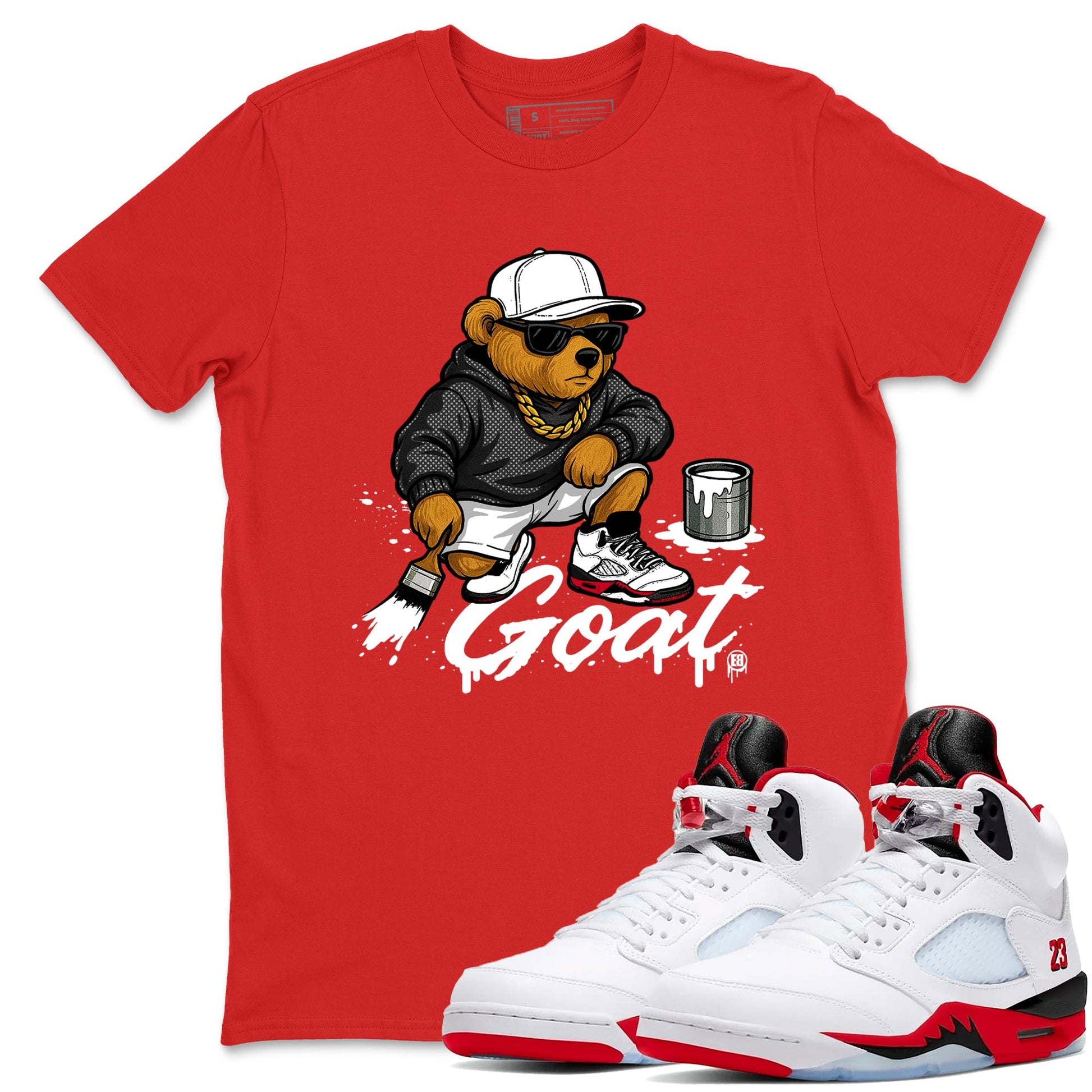 Drip The GOAT sneaker match t-shirt t-shirts to match jordans, dunks, yeezys Jordan 5 Retro Fire Red sneakers, shown in Red 1.