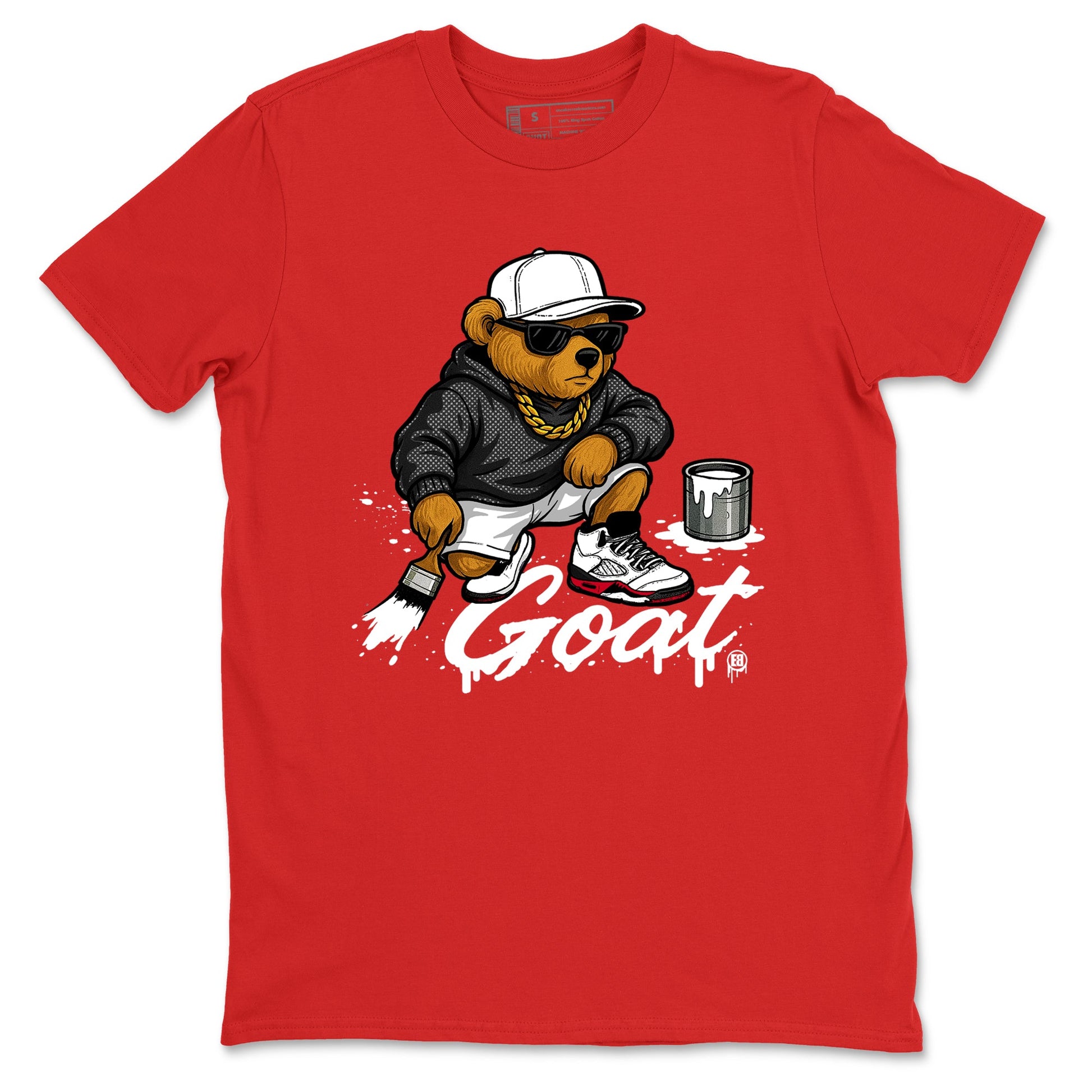 Drip The GOAT sneaker match t-shirt t-shirts to match jordans, dunks, yeezys Jordan 5 Retro Fire Red sneakers, shown in Red 2.
