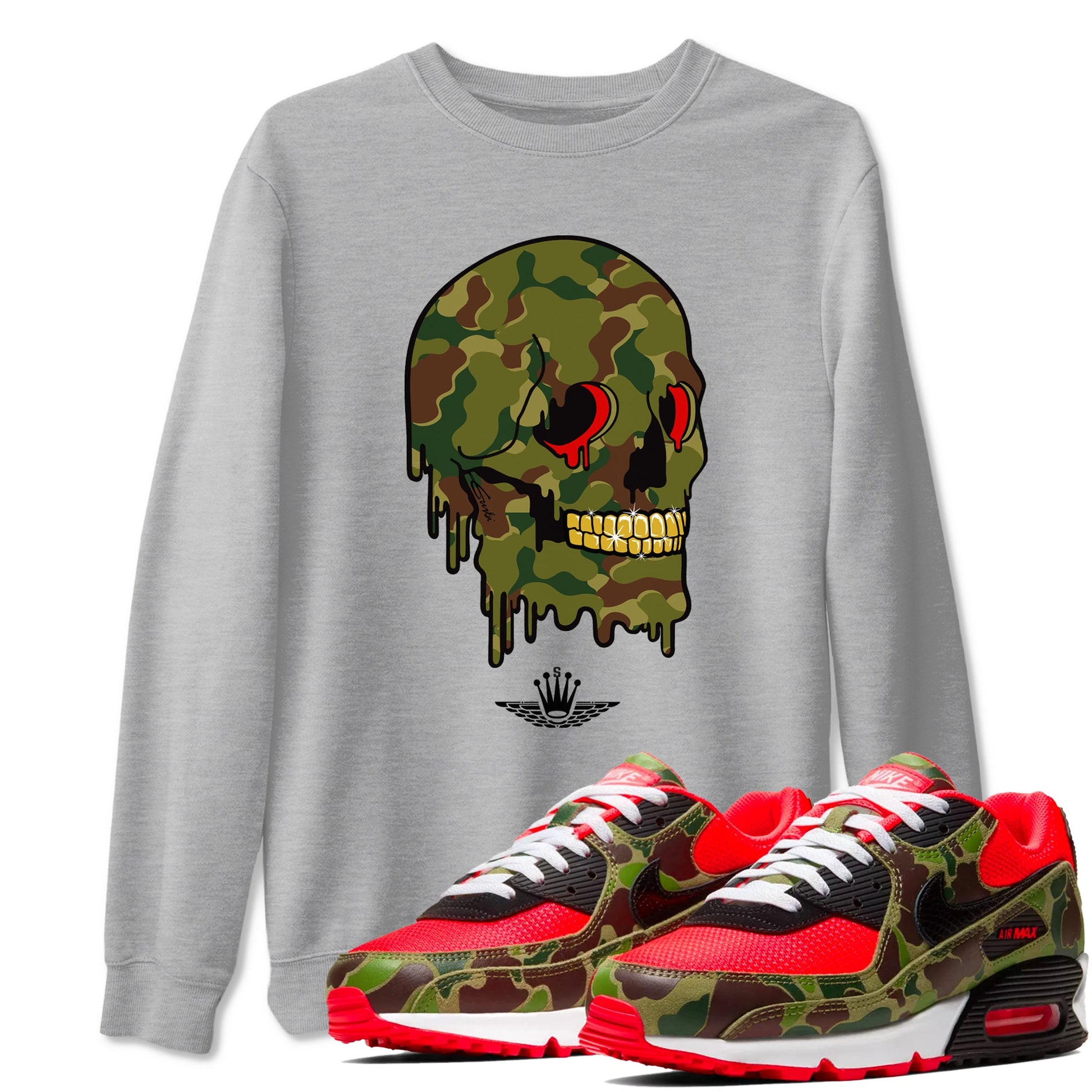 Air Max 90 Duck Camo shirts to match jordans Dripping Camo Skull sneaker match tees Air Max 90 Reverse Duck Camo match shoes to clothes SNRT Sneaker Tees unisex cotton Heather Grey 1 shirts