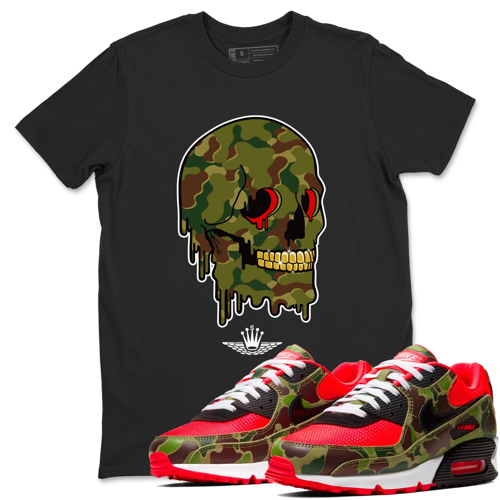 Air Max 90 Duck Camo shirts to match jordans Dripping Camo Skull sneaker match tees Air Max 90 Reverse Duck Camo match shoes to clothes SNRT Sneaker Tees unisex cotton Black 1 shirts