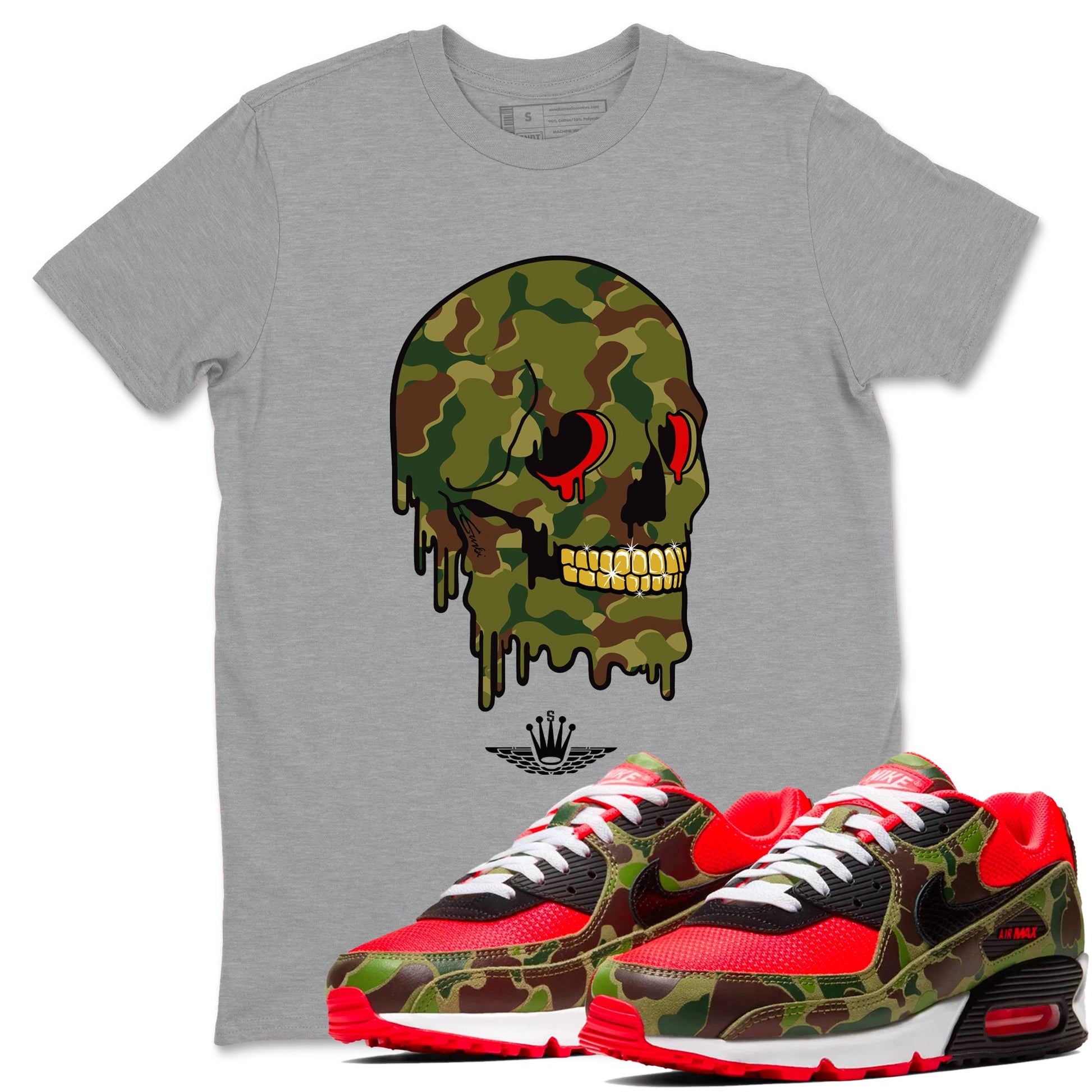 Air Max 90 Duck Camo shirts to match jordans Dripping Camo Skull sneaker match tees Air Max 90 Reverse Duck Camo match shoes to clothes SNRT Sneaker Tees unisex cotton Heather Grey 1 shirts