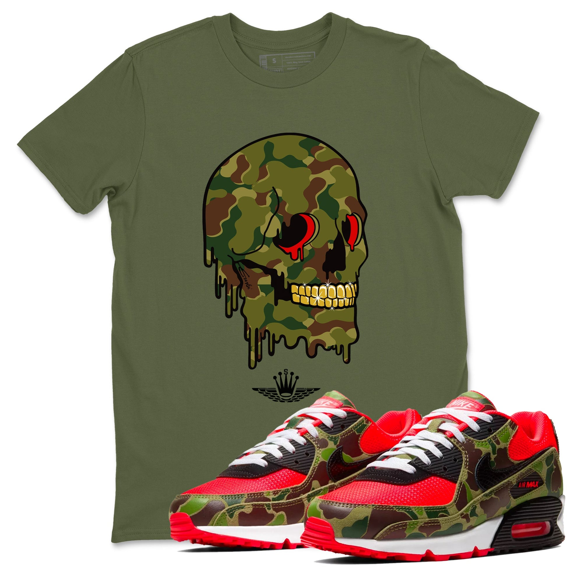 Air Max 90 Duck Camo shirts to match jordans Dripping Camo Skull sneaker match tees Air Max 90 Reverse Duck Camo match shoes to clothes SNRT Sneaker Tees unisex cotton Military Green 1 shirts