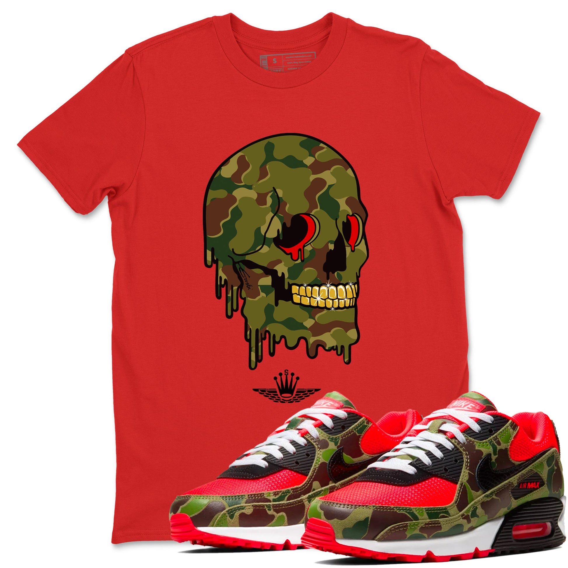 Air Max 90 Duck Camo shirts to match jordans Dripping Camo Skull sneaker match tees Air Max 90 Reverse Duck Camo match shoes to clothes SNRT Sneaker Tees unisex cotton Red 1 shirts