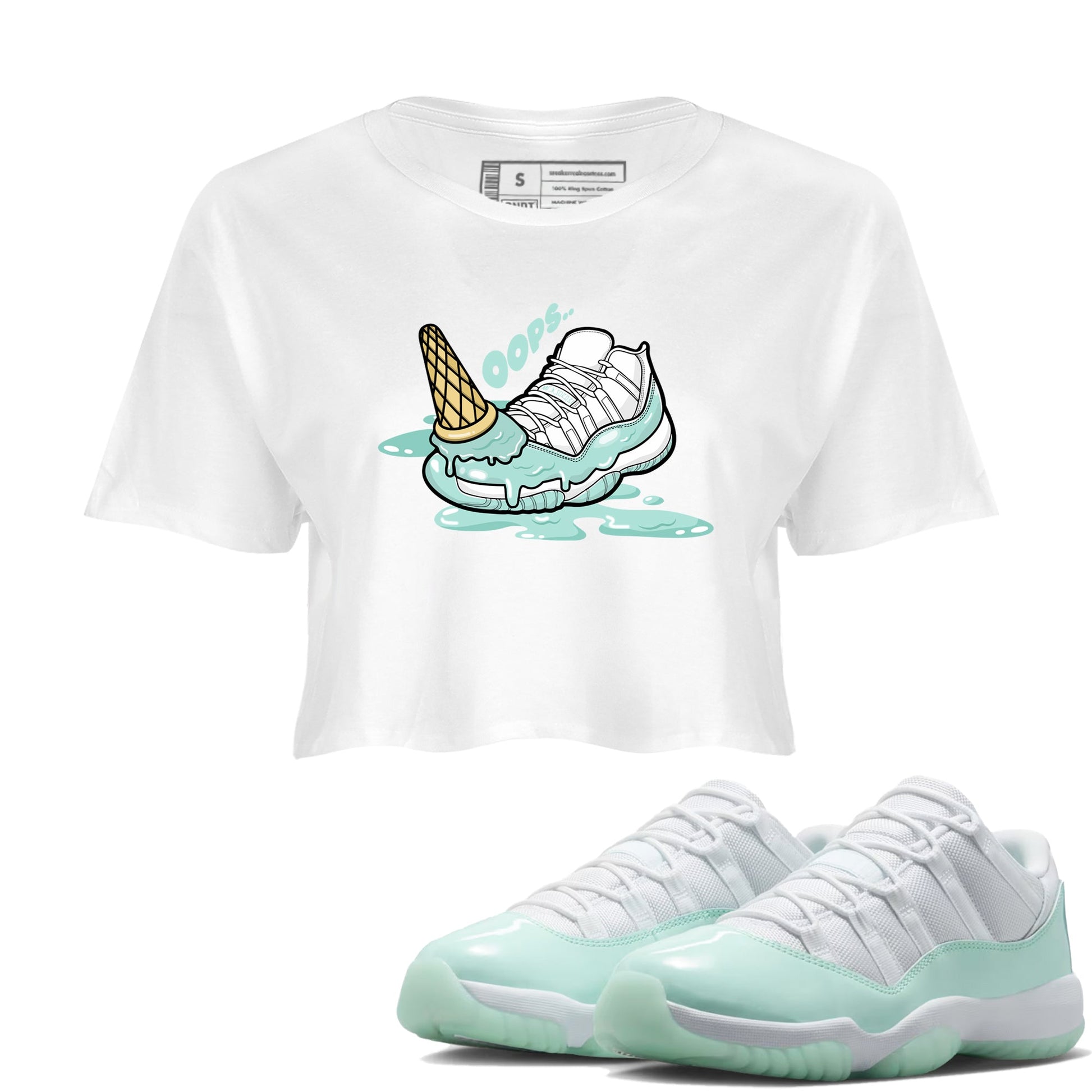 Dropped Ice Cream womens crop tee made to vibe with the Air Jordan 11 Igloo sneakers — the perfect match in White 1.