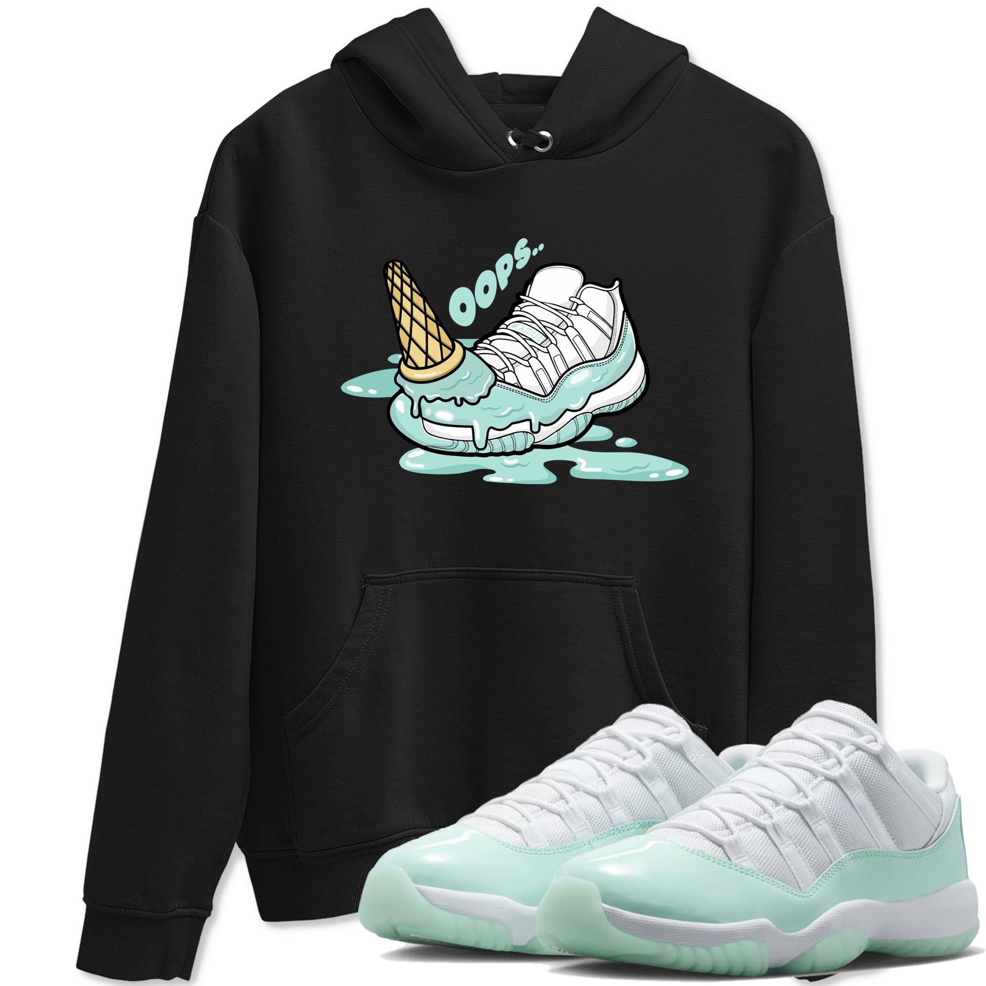 Dropped Ice Cream sneaker match t-shirt styled to complete your fit with the Air Jordan 11 Igloo sneakers, shown in Black 1.