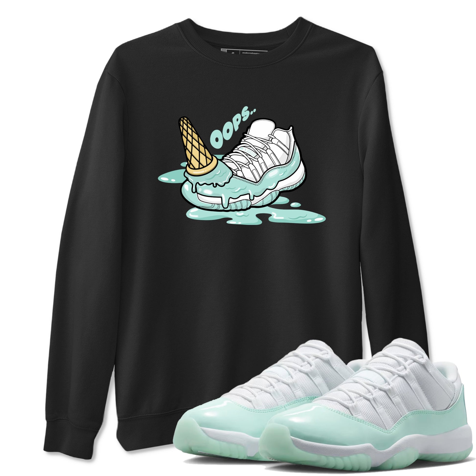 Dropped Ice Cream sneaker match t-shirt styled to complete your fit with the Air Jordan 11 Igloo sneakers, shown in Black 1.