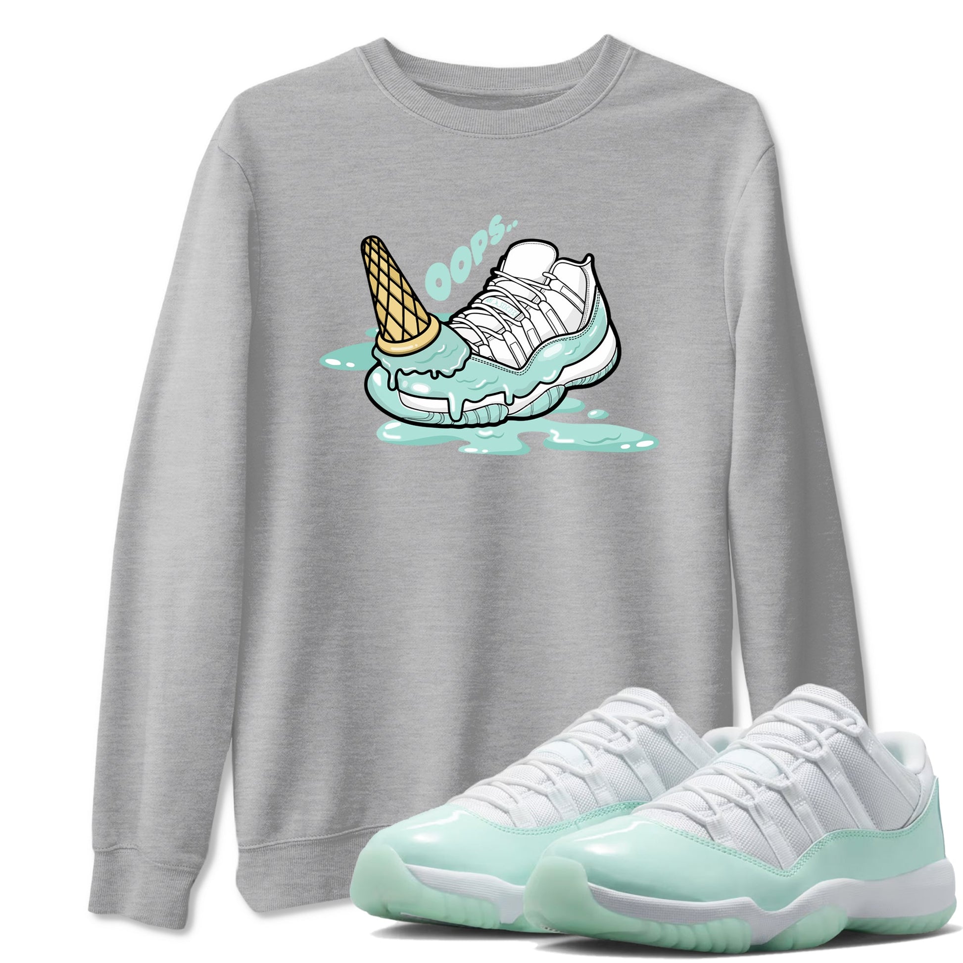 Dropped Ice Cream sneaker match t-shirt styled to complete your fit with the Air Jordan 11 Igloo sneakers, shown in Heather Grey 1.