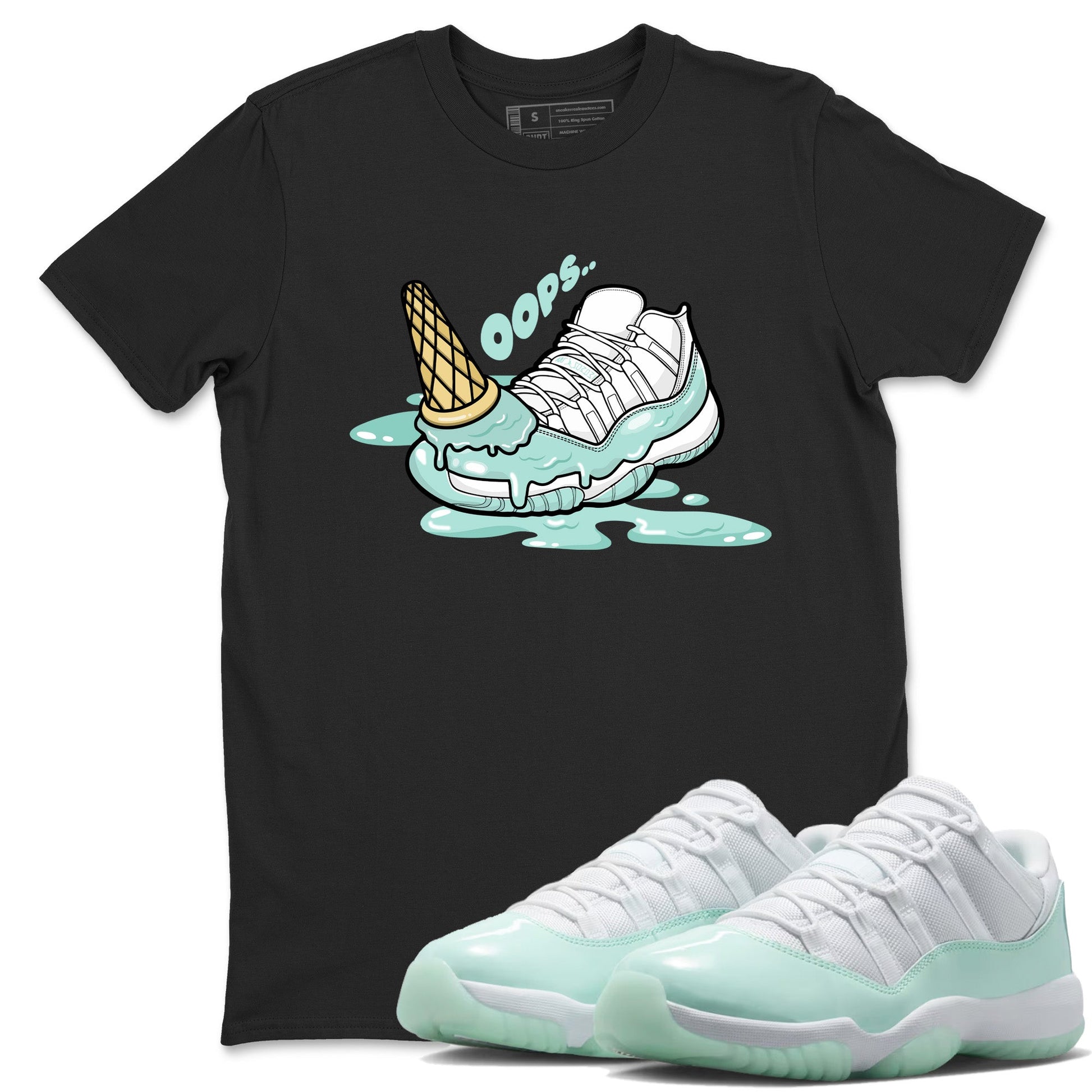 Dropped Ice Cream sneaker match t-shirt styled to complete your fit with the Air Jordan 11 Igloo sneakers, shown in Black 1.
