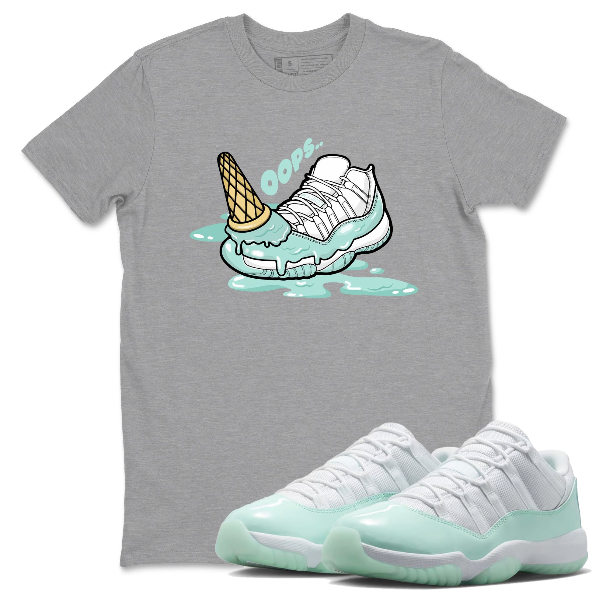 Dropped Ice Cream sneaker match t-shirt styled to complete your fit with the Air Jordan 11 Igloo sneakers, shown in Heather Grey 1.