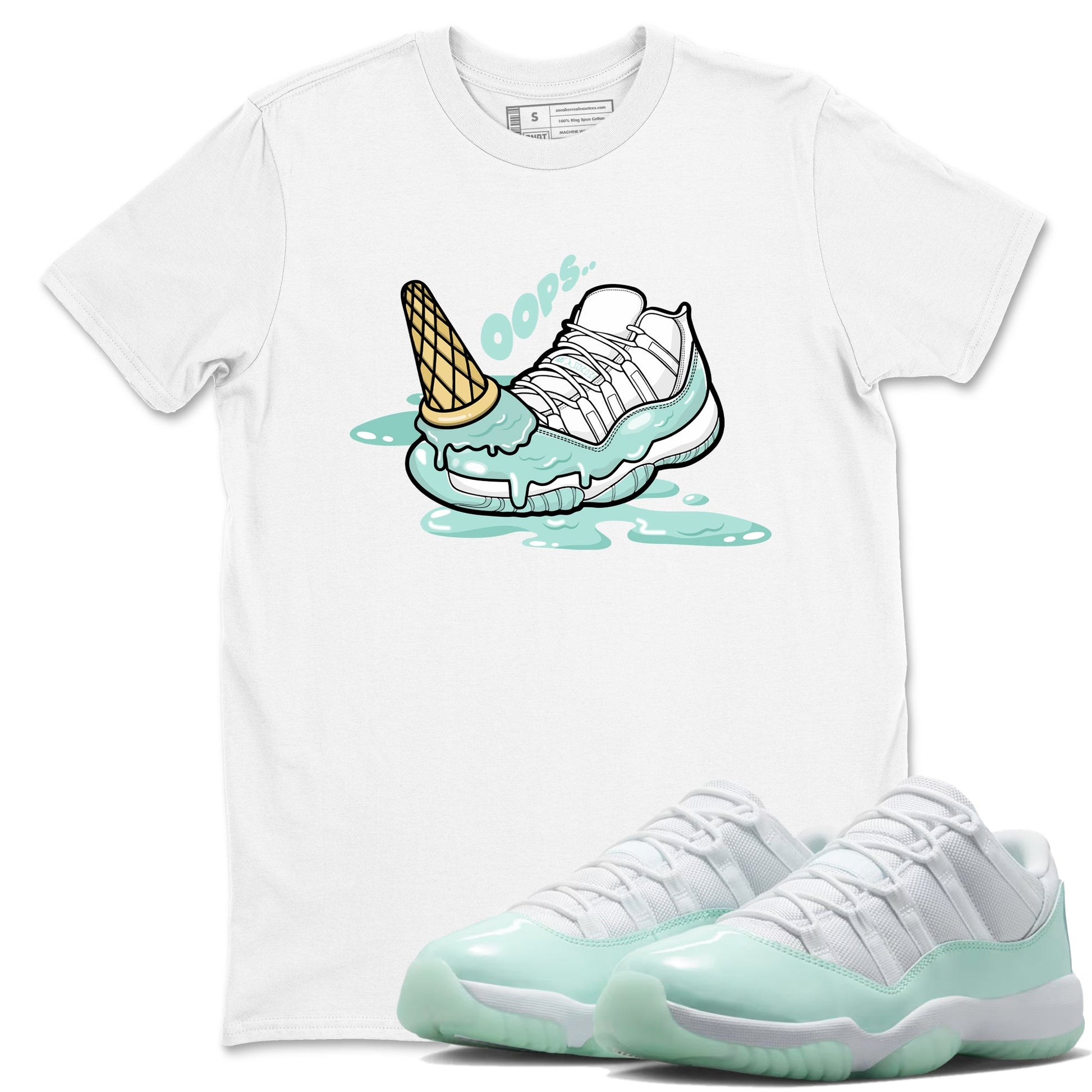 Dropped Ice Cream sneaker match t-shirt styled to complete your fit with the Air Jordan 11 Igloo sneakers, shown in White 1.